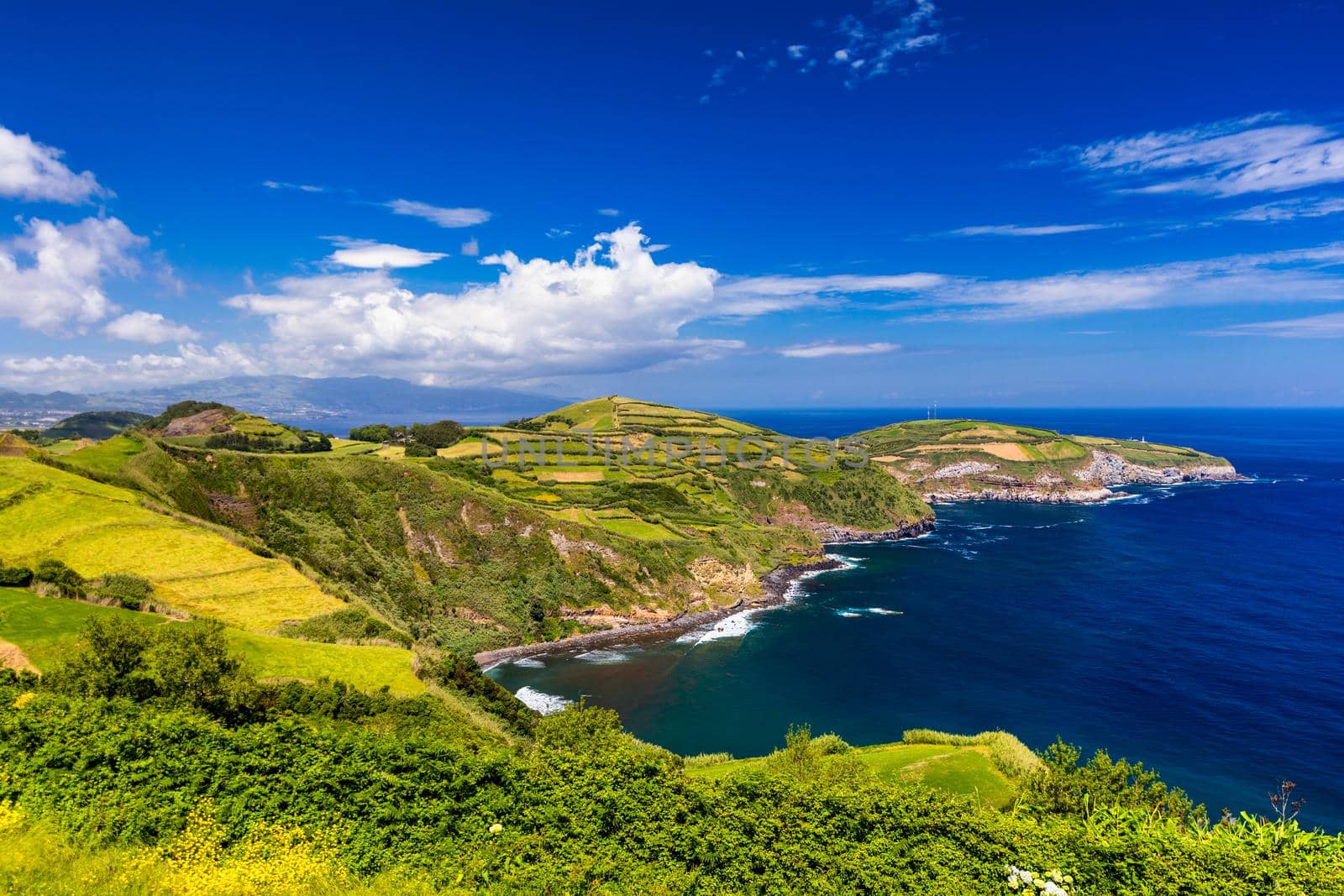 Beautiful coastal view of Miradouro de Santa Iria, Porto Formoso, Ribeira Grande, Sao Miguel, Azores, Portugal. Panorama to coastline of Sao Miguel island from Santa Iria viewpoint. Azores. Portugal