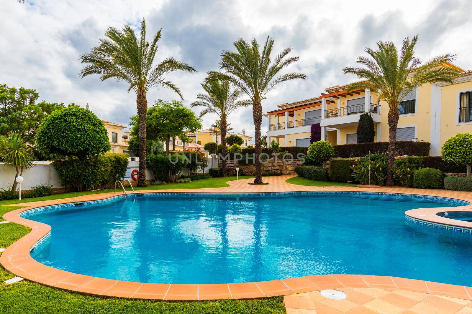 Great backyard with swimming pool, hot tub and lounge chairs. Swimming pool in backyard. Incredible swimming pool and garden with palm trees and flowers in a sunny day.