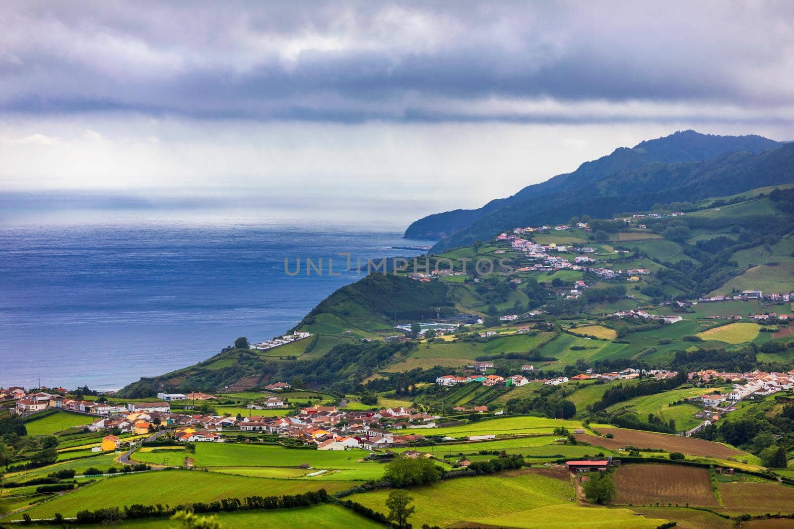 Panoramic Aerial View of Povoacao in Sao Miguel, Azores Islands. Povoacao is a municipality located in the southeastern corner of the island of Sao Miguel in the Portuguese archipelago of the Azores.