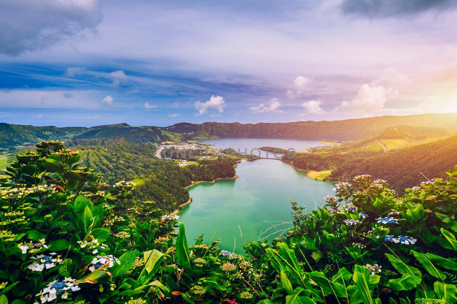 Beautiful view of Seven Cities Lake "Lagoa das Sete Cidades" from Vista do Rei viewpoint in São Miguel Island, Azores, Portugal. Lagoon of the Seven Cities, Sao Miguel island, Azores, Portugal.