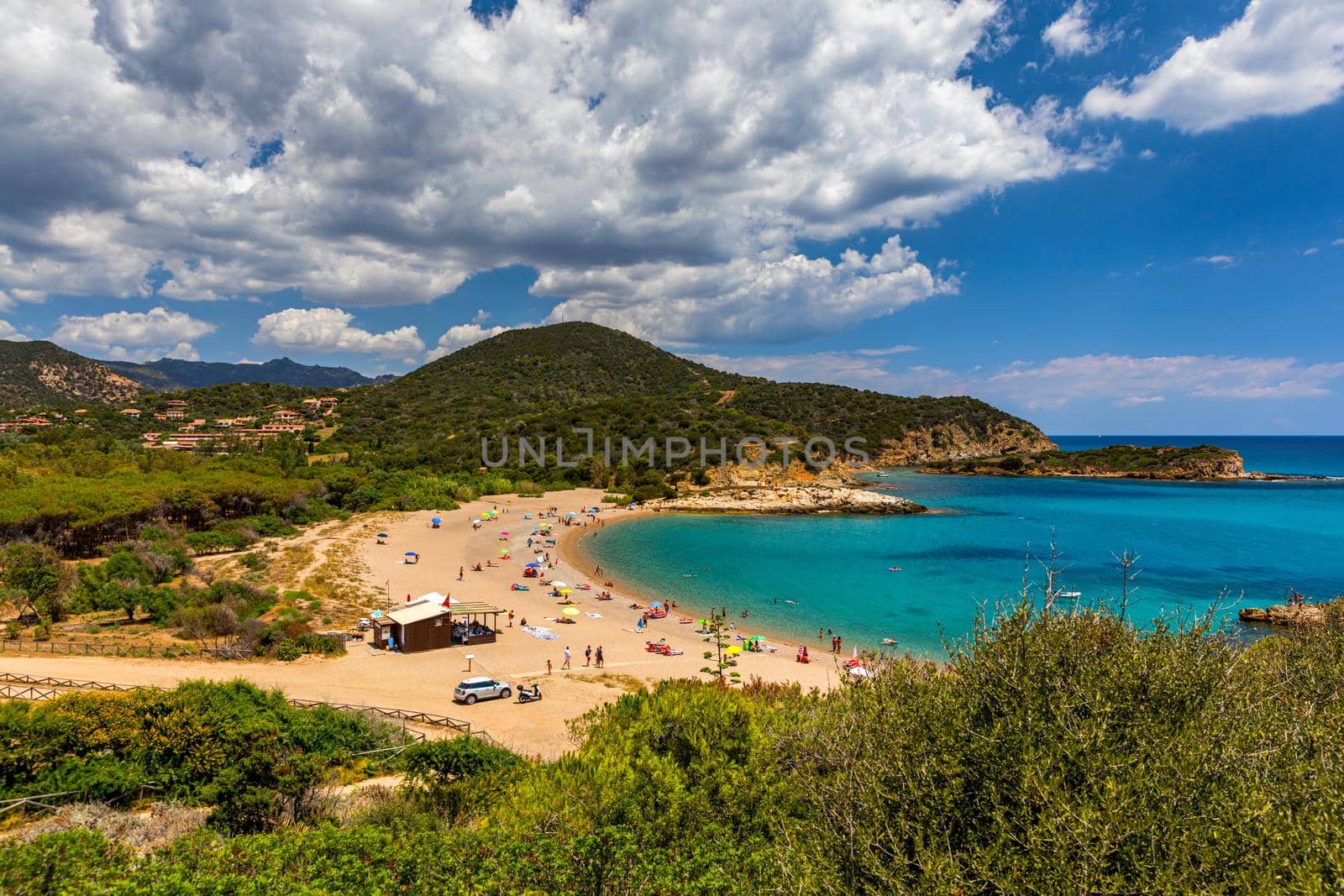 Su Portu beach near Spaggia di Chia Sa Colonia and famous Chia beach, Sardinia, Italy, Europe. Sardinia is the second largest island in the Mediterranean Sea, Sardegna, Italy.