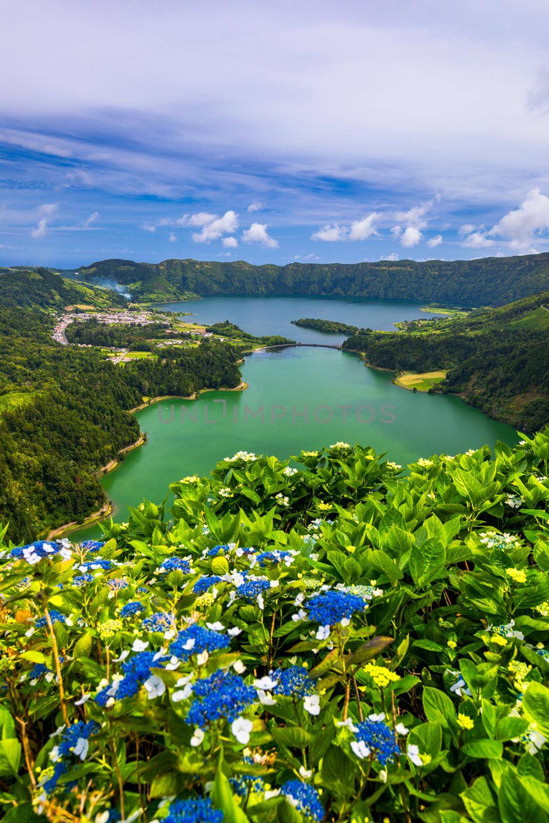 Beautiful view of Seven Cities Lake "Lagoa das Sete Cidades" from Vista do Rei viewpoint in São Miguel Island, Azores, Portugal. Lagoon of the Seven Cities, Sao Miguel island, Azores, Portugal.