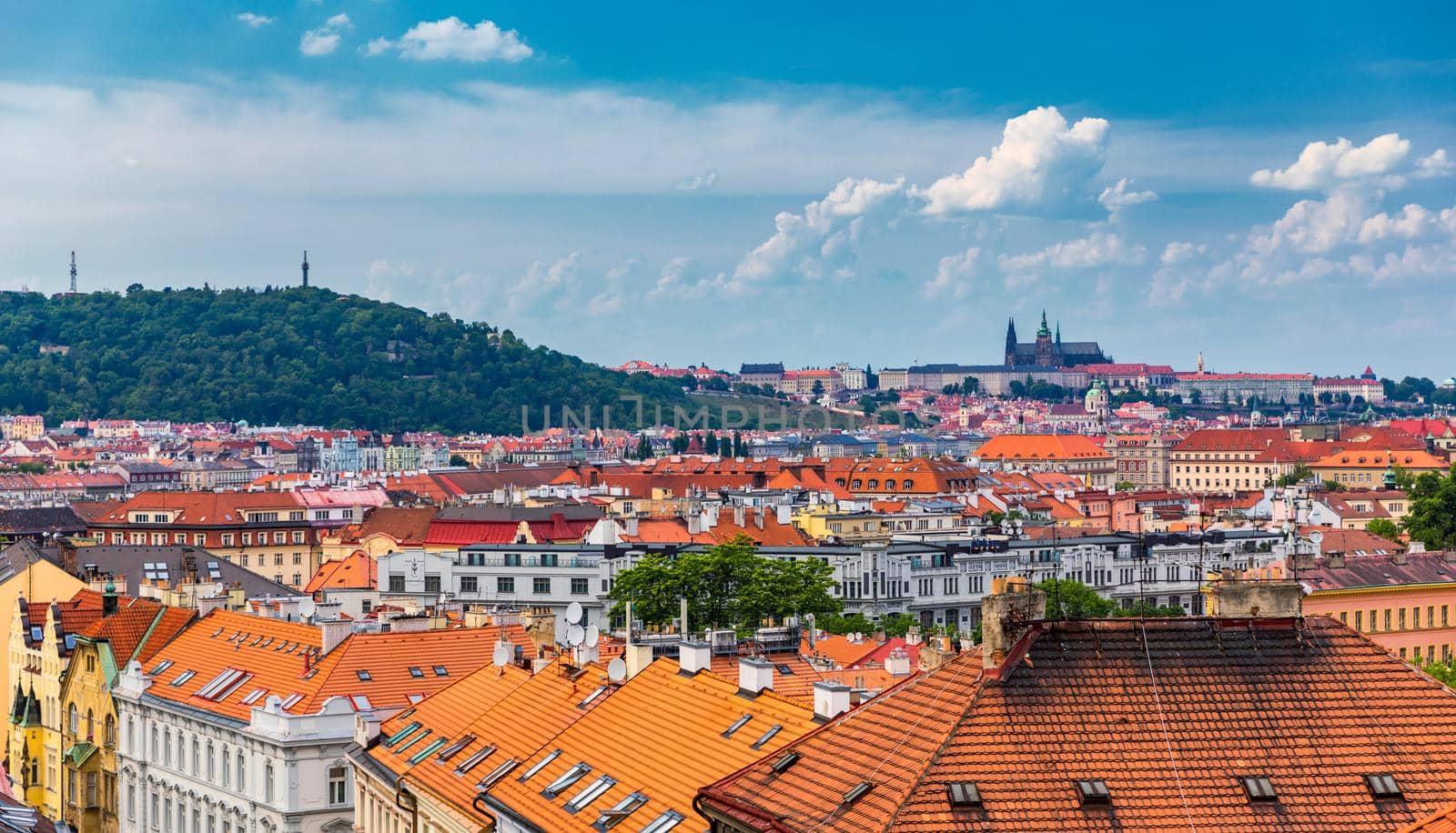 View of Prague Castle over red roof from Vysehrad area at sunset lights, Prague, Czech Republic. Scenic view of Prague city, Prague castle and Petrin tower from Vysehrad overlooking red roofs 