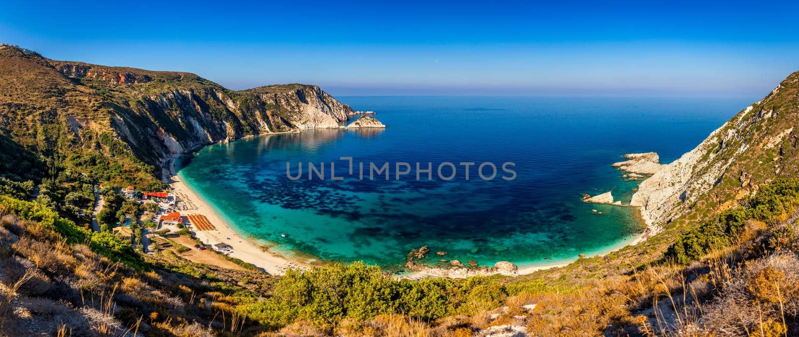 Famous Petani beach in Kefalonia island, Greece. View of Petani bay and beautiful beach, Kefalonia island, Greece