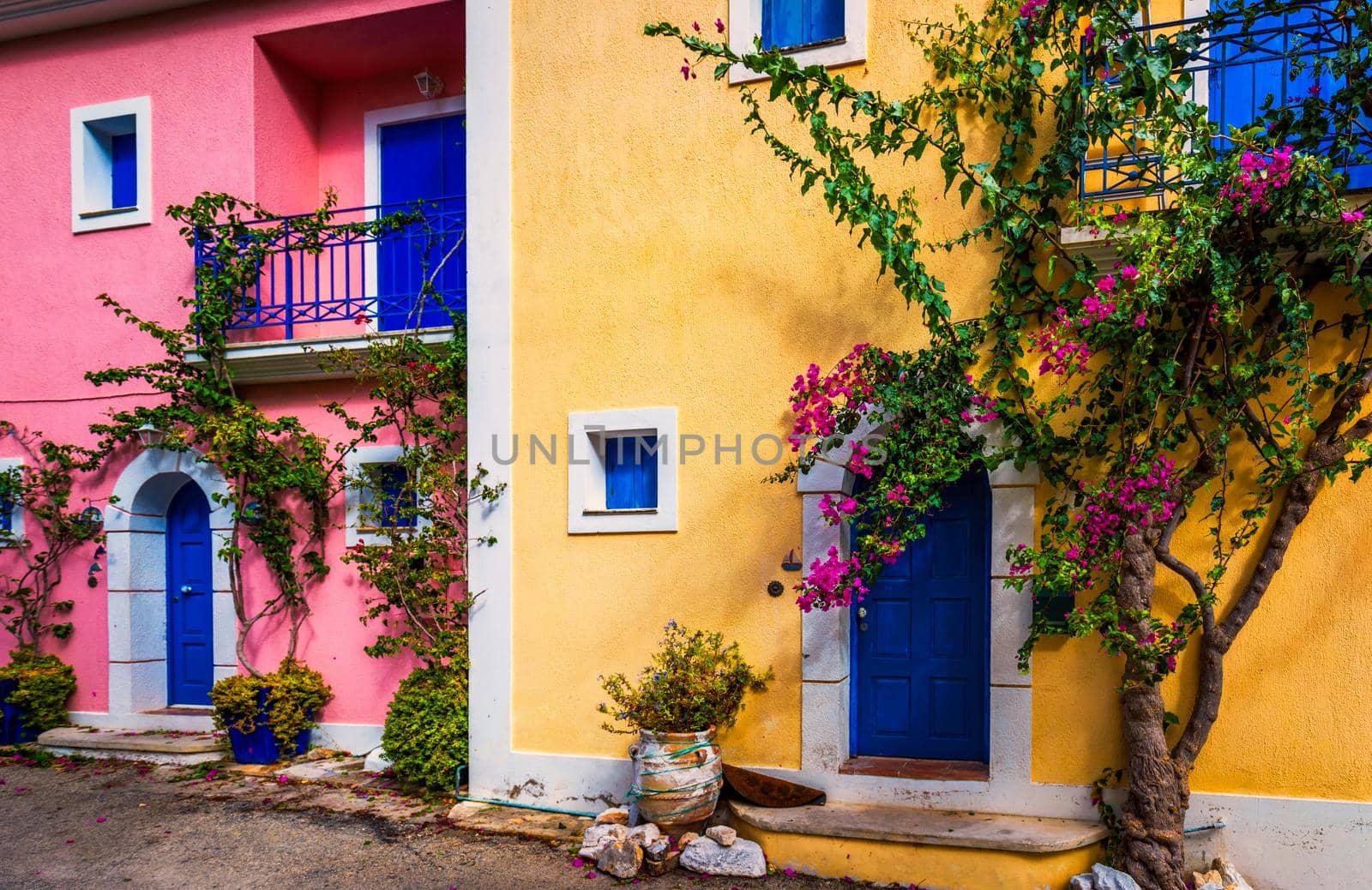 Traditional street with greek houses with flowers in Assos, Kefalonia island. Traditional colorful greek houses in Assos village. Blooming fuchsia plant flowers. Kefalonia island, Greece