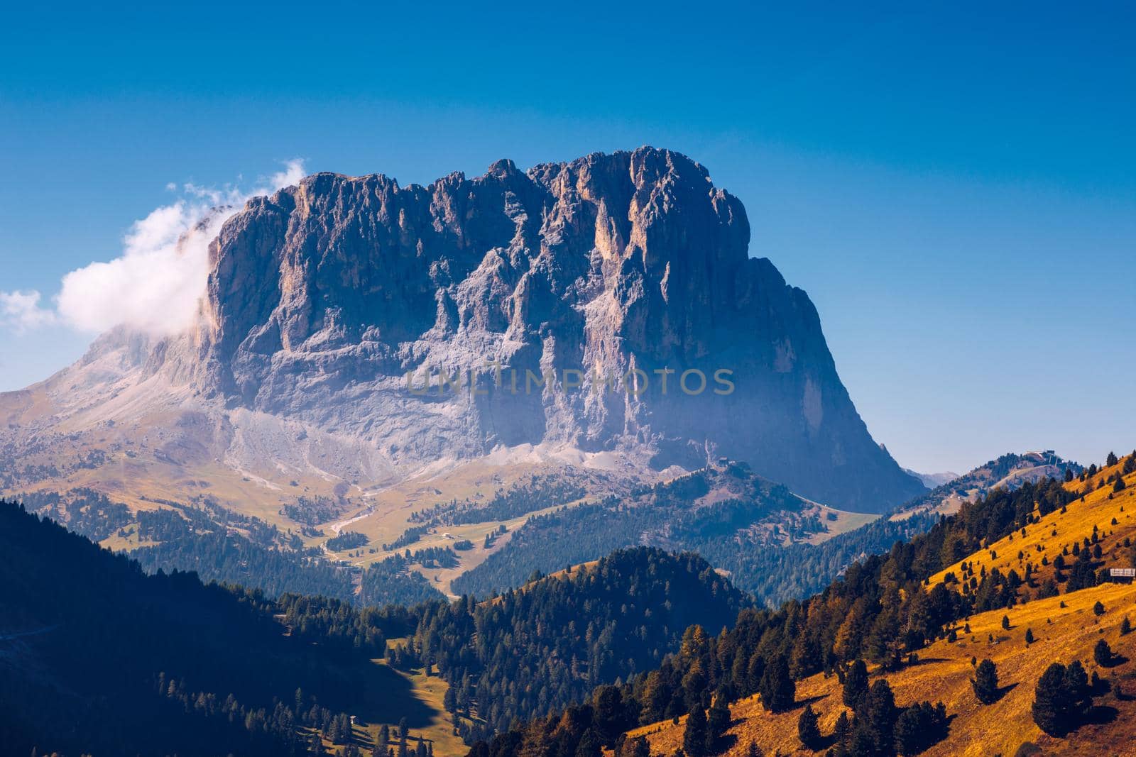 Autumn landscape in Passo Gardena, South Tyrol, Dolomites, Italy. Mountain landscape of the picturesque Dolomites at Passo Gardena area in South Tyrol in Italy. 