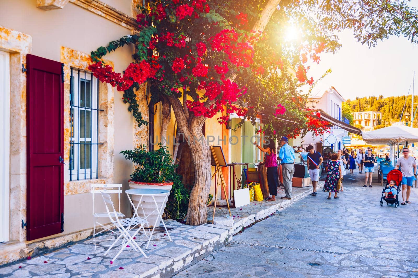 Fiskardo village, Kefalonia island, Greece. Fiscardo on the Island of Kefalonia in Greece. The holiday destination. Beautiful narrow streets in Fiskardo, Kefalonia, Greece