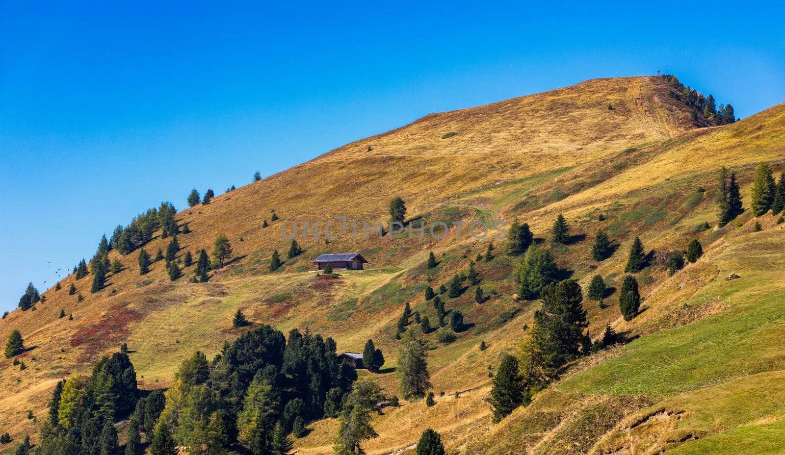 Autumn landscape in Passo Gardena, South Tyrol, Dolomites, Italy. Mountain landscape of the picturesque Dolomites at Passo Gardena area in South Tyrol in Italy. 
