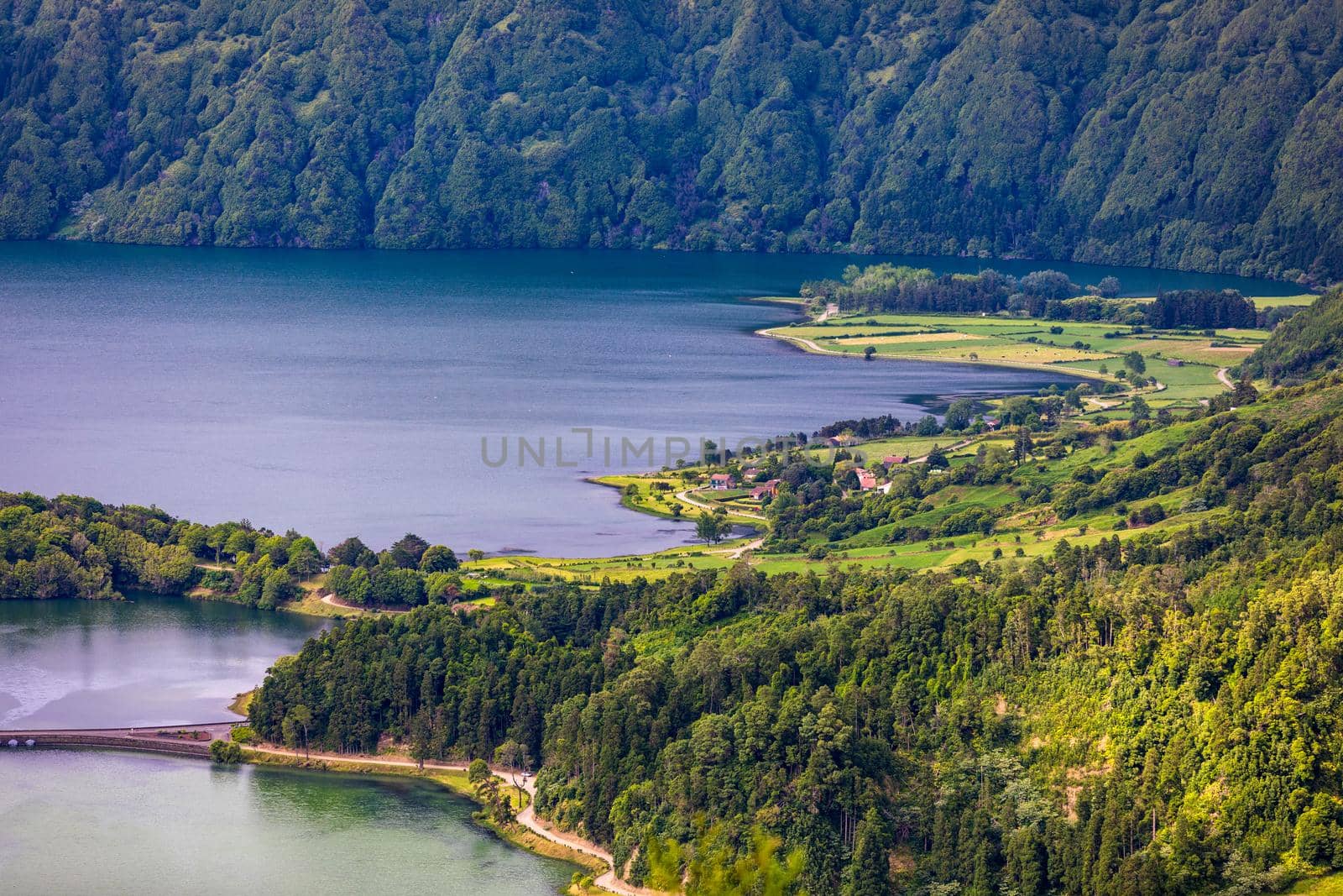 Traditional houses, Sete Cidades, Sao Miguel Island, Azores. Beautiful view of Sete Cidades village in Sao Miguel Island, Azores, Portugal. 