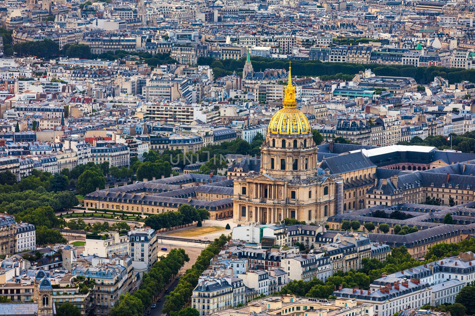 Paris aerial with Les Invalides, France. Twilight aerial view of Paris, France from Montparnasse Tower with Les Invalides building. Beautiful Les Invalides in Paris, France
