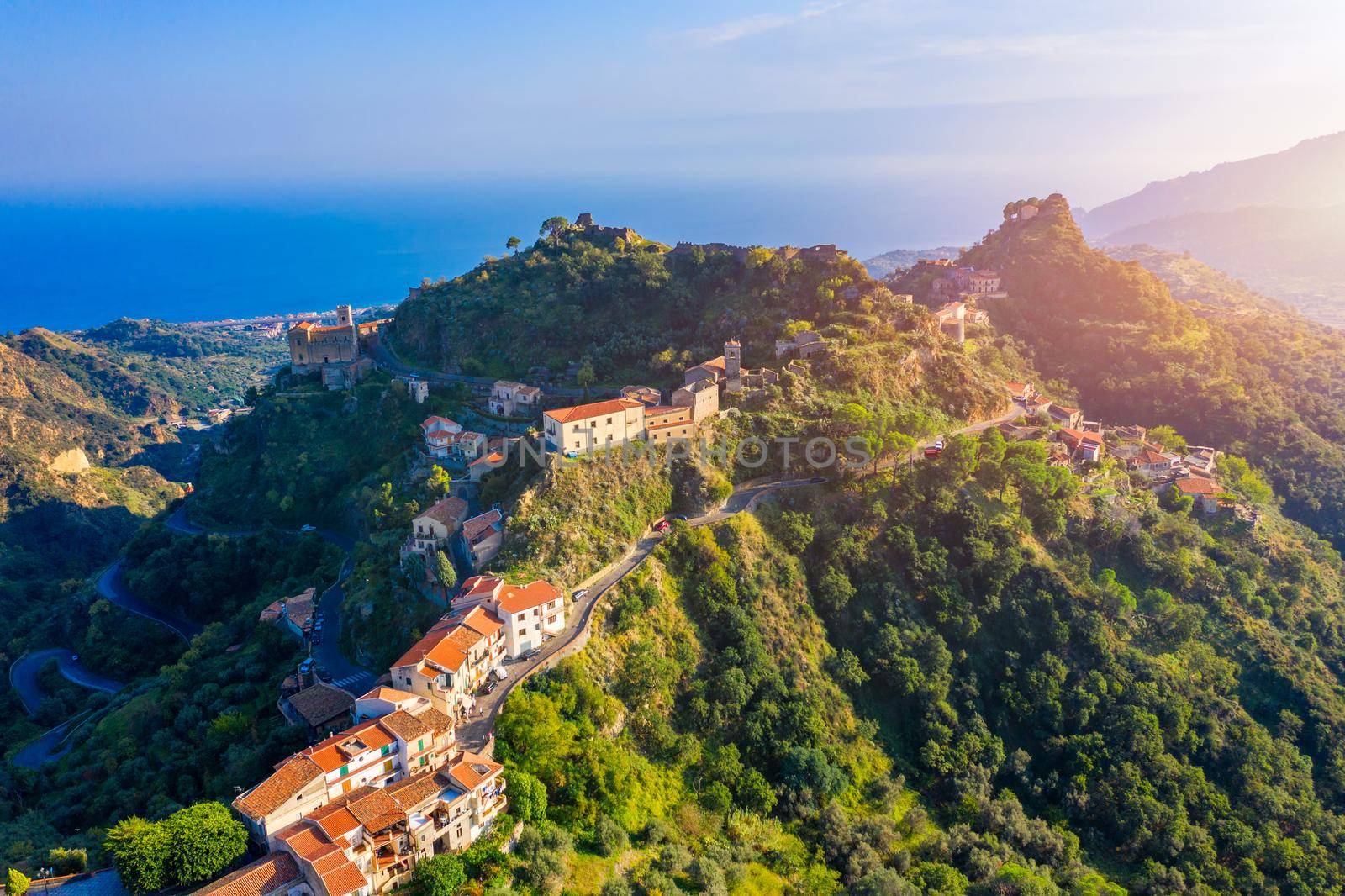 Aerial view of Savoca village in Sicily, Italy. Sicilian village Savoca (known from the Godfather movies). Houses on a hill in Savoca, small town on Sicily in Italy.