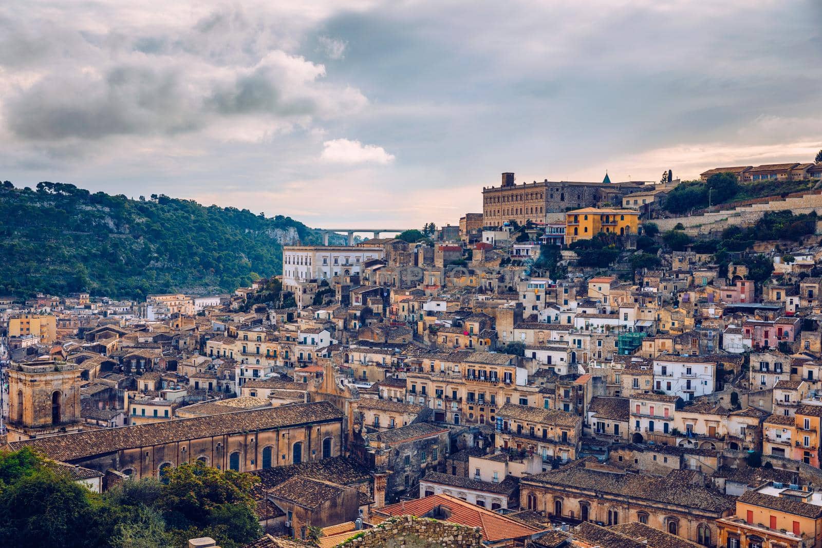 View of Modica, Sicily, Italy. Modica (Ragusa Province), view of the baroque town. Sicily, Italy. Ancient city Modica from above, Sicily, Italy