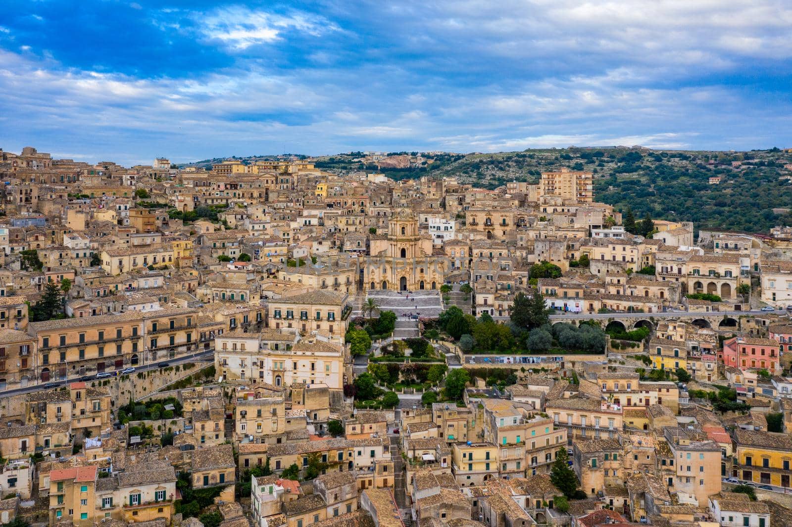 Aerial view of Modica, Sicily, Italy. Modica (Ragusa Province), view of the baroque town. Sicily, Italy. Ancient city Modica from above, Sicily, Italy
