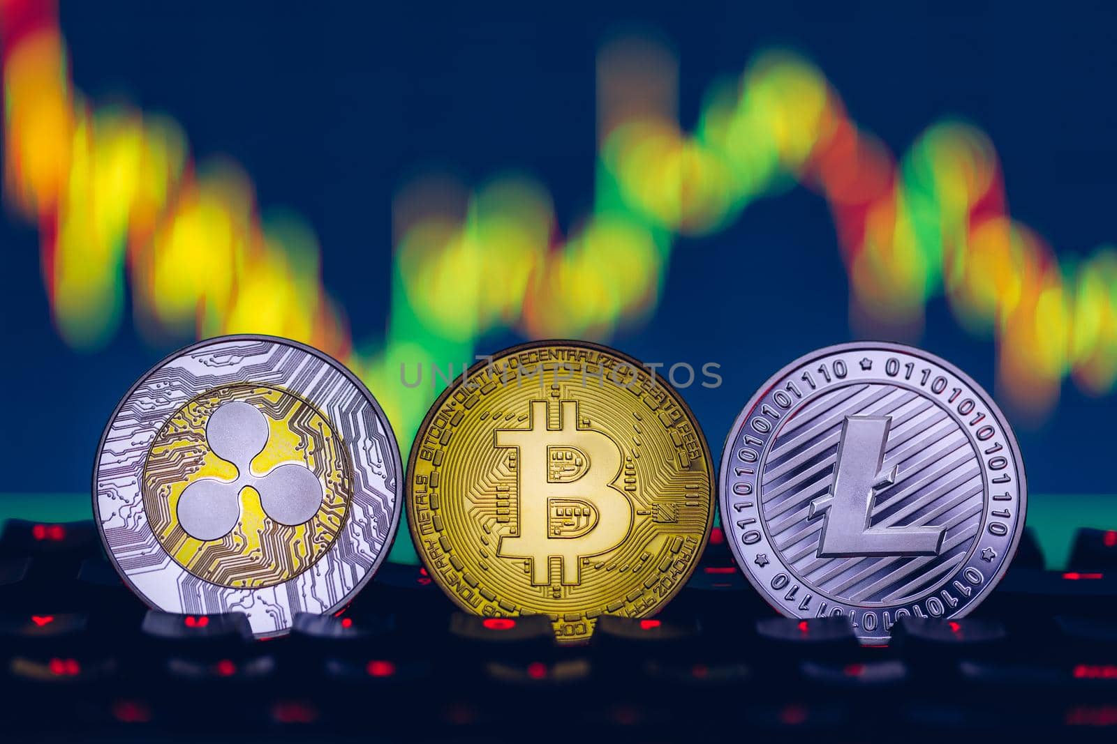Crypto currency coin set collection, bitcoin, ethereum, litecoin, ripple. Digital currency. Cryptocurrency. Silver and golden coins with bitcoin, ripple, litecoin and ethereum symbol.