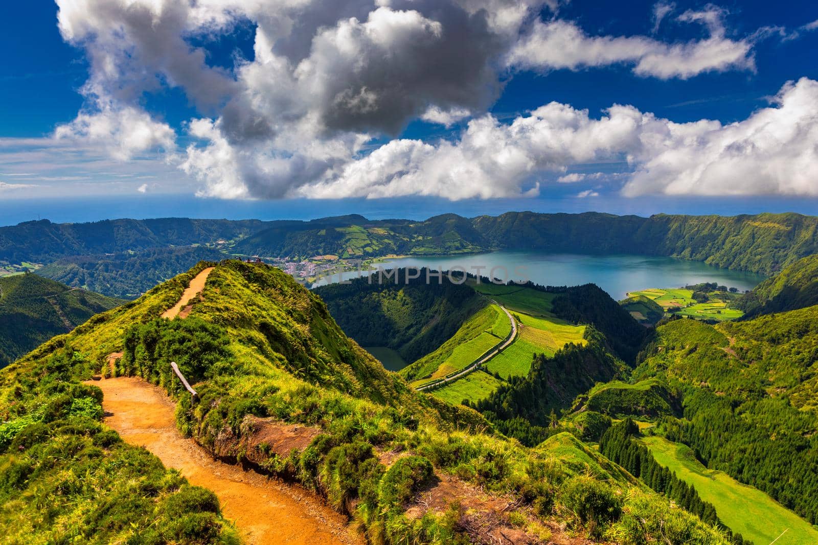 View of Sete Cidades near Miradouro da Grota do Inferno viewpoint, Sao Miguel Island, Azores, Portugal. Grota do Inferno viewpoint at Sete Cidades on Sao Miguel Island, Azores, Portugal.