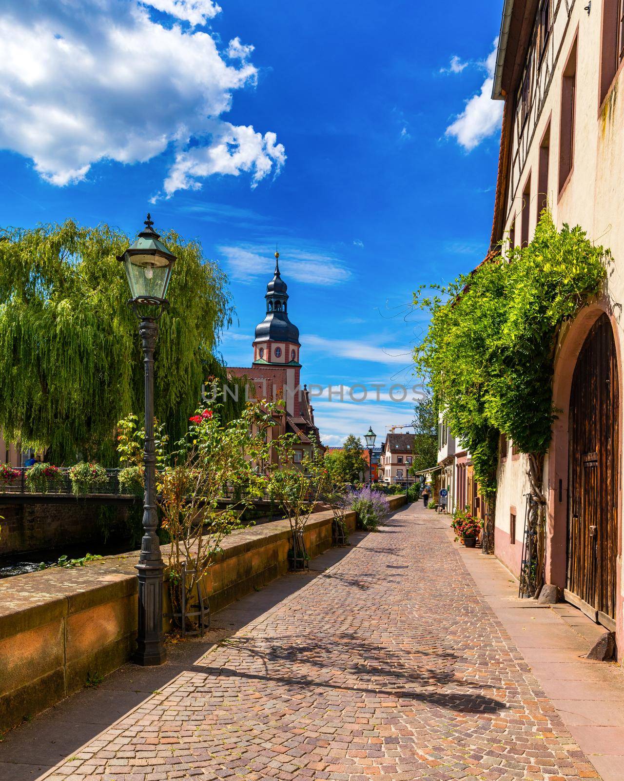 Market square with town hall and town hall tower, Ettlingen, Germany, Black Forest, Baden-Wuerttemberg, Germany, Europe. Downtown of Ettlingen town in Baden Wurttemberg, Germany.