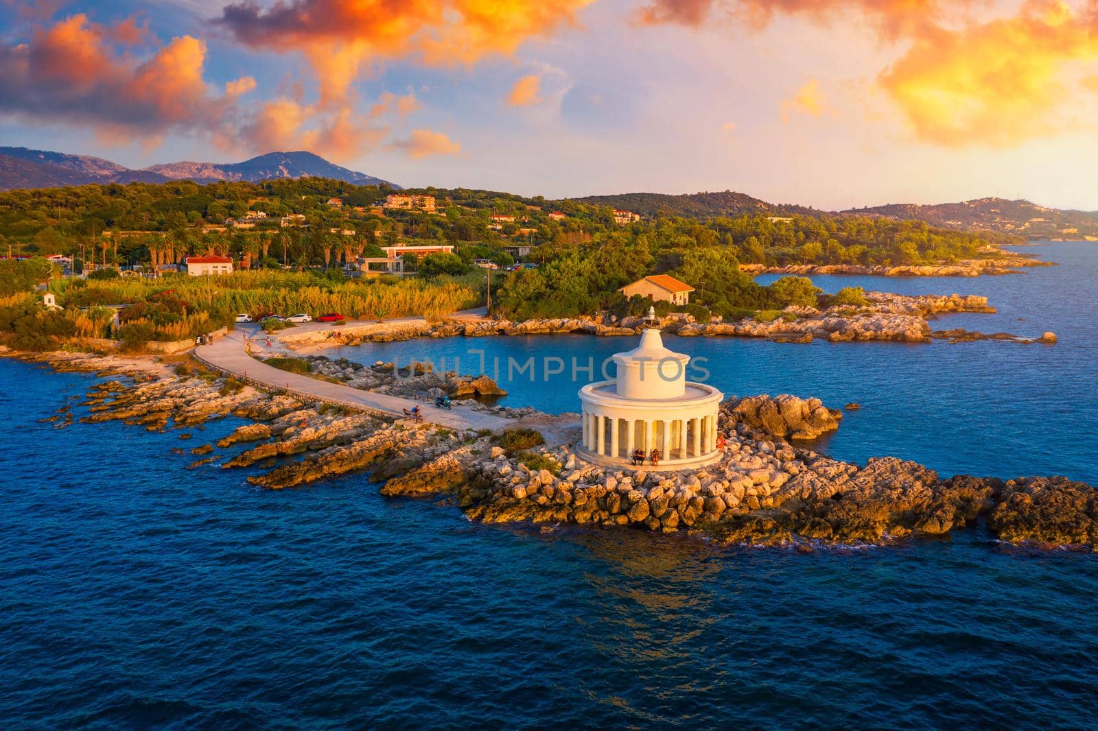 Aerial view of Lighthouse of Saint Theodore in Lassi, Argostoli, Kefalonia island in Greece. Saint Theodore lighthouse in Kefalonia island, Argostoli town, Greece, Europe.