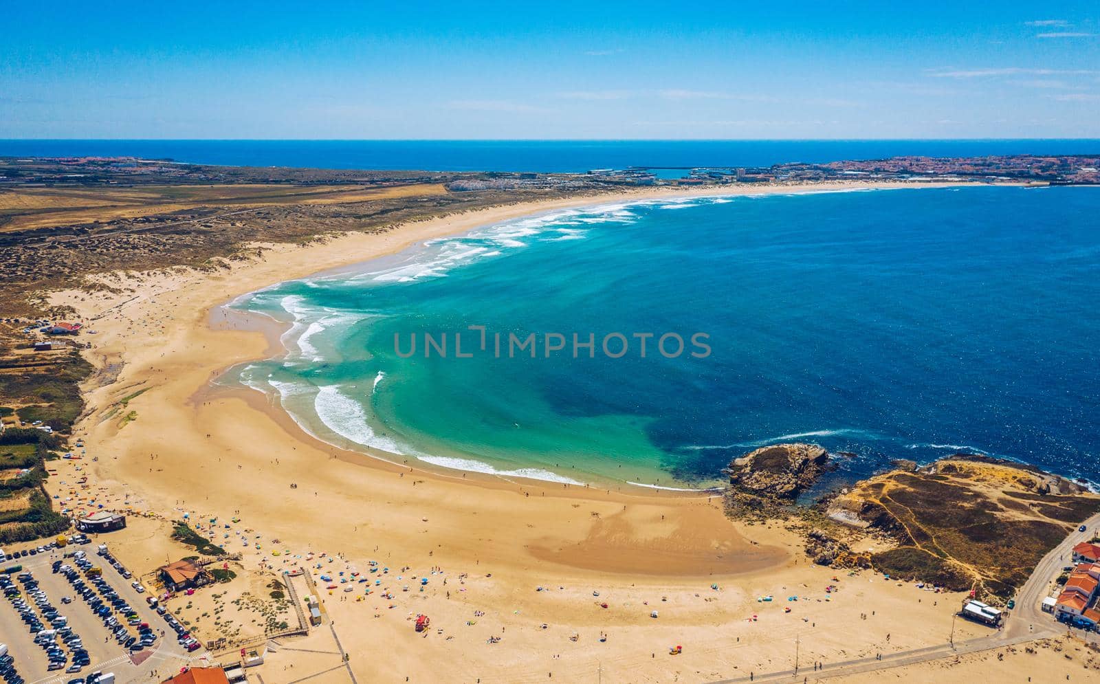 Campismo beach and Dunas beach and Island Baleal near Peniche on the shore of the Atlantic ocean in west coast of Portugal. Beautiful Baleal beach at Baleal peninsula close to Peniche, Portugal.