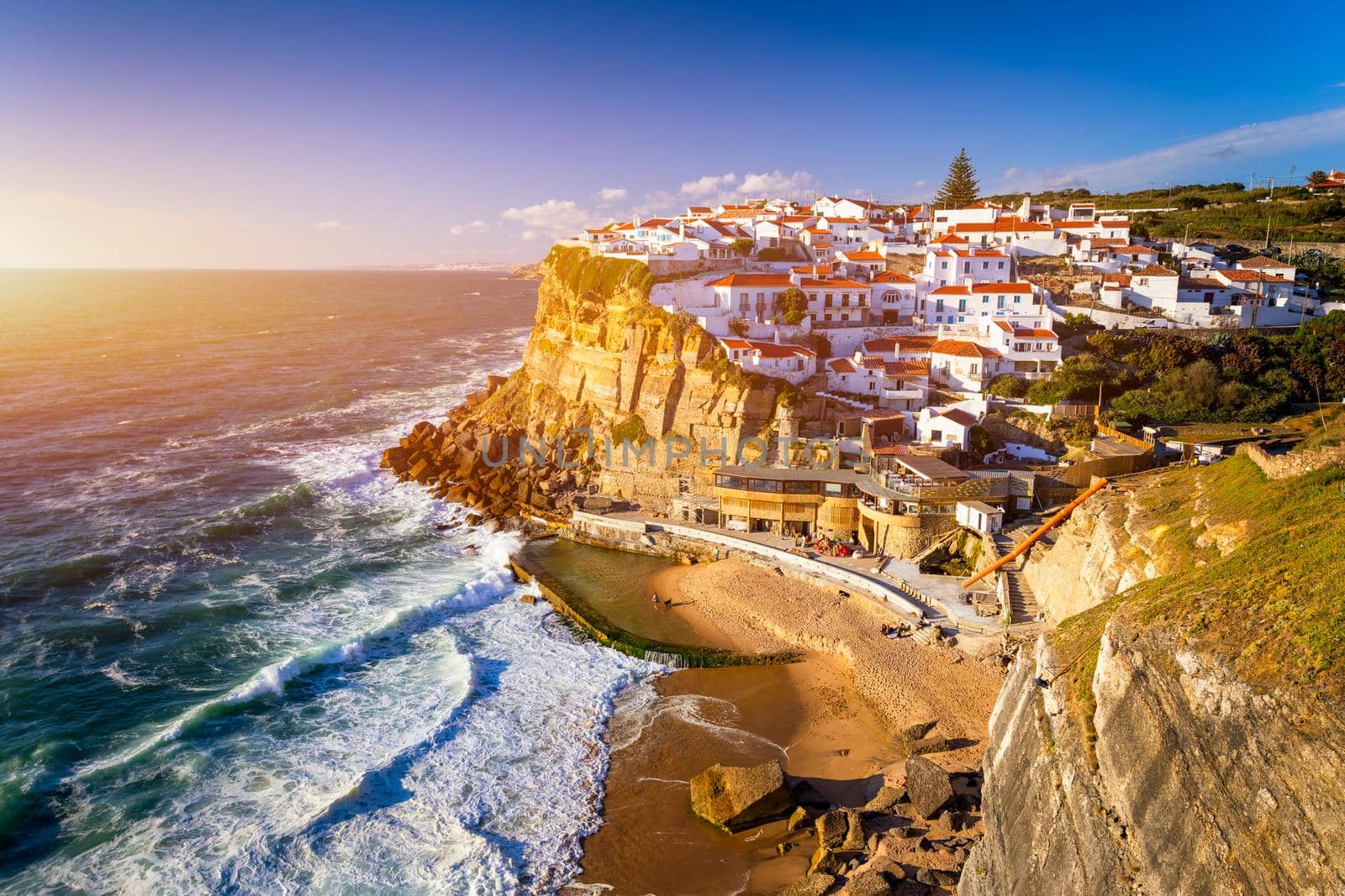 Azenhas do Mar is a seaside town in the municipality of Sintra, Portugal. Close to Lisboa. Azenhas do Mar white village, cliff and ocean, Sintra, Portugal. Azenhas Do Mar, Sintra, Portugal.