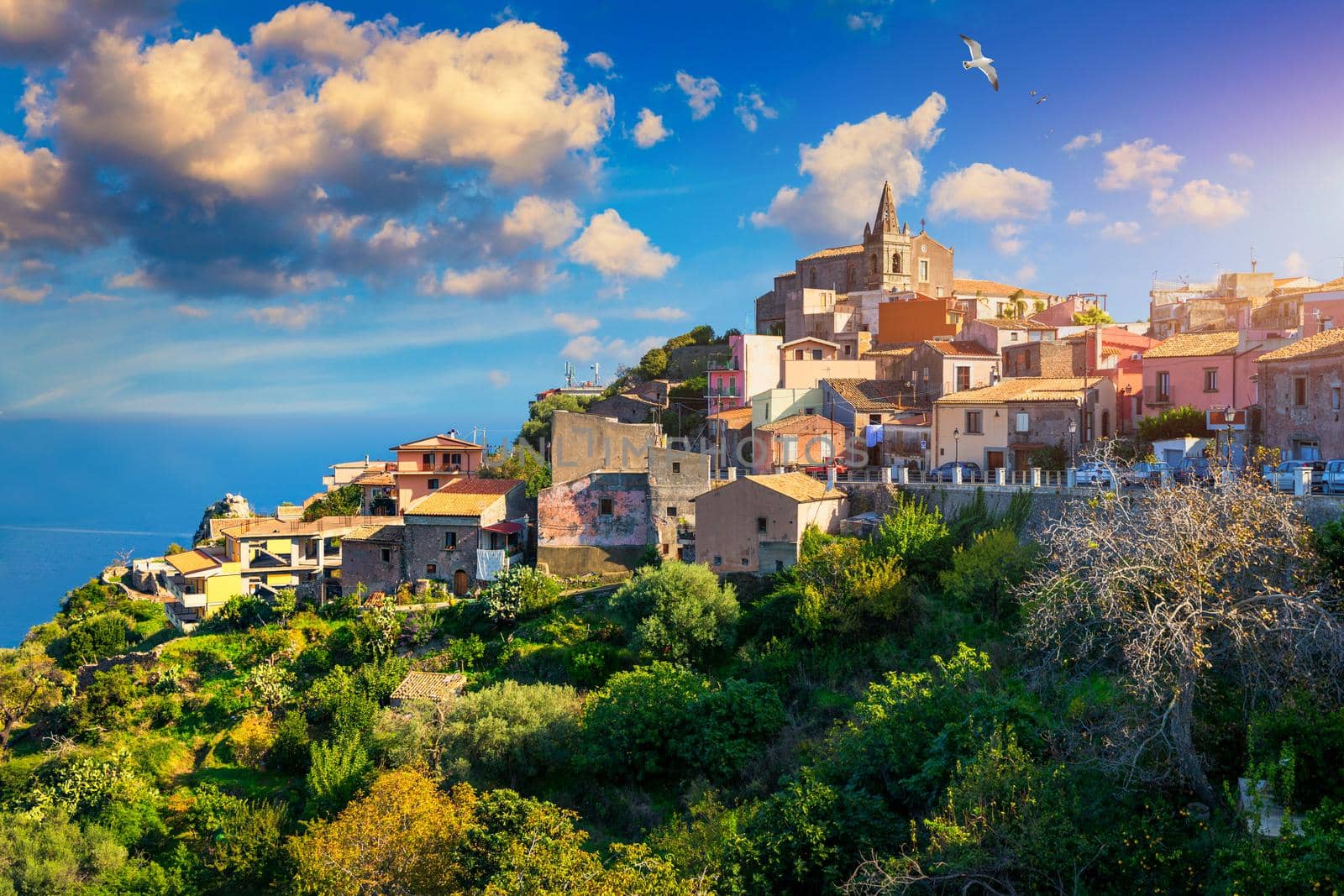 Scenic view in Forza d`Agro, picturesque town in the Province of Messina, Sicily, southern Italy. Forza d'Agro, Sicilian historical city on the rock over Ionian sea, Italy.