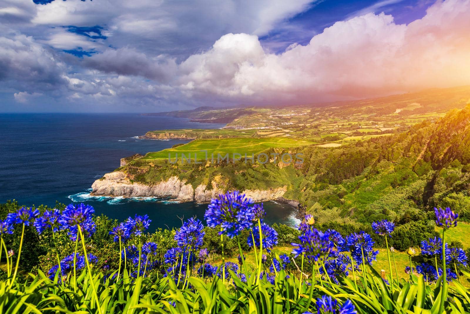 Beautiful coastal view of Miradouro de Santa Iria, Porto Formoso, Ribeira Grande, Sao Miguel, Azores, Portugal. Panorama to coastline of Sao Miguel island from Santa Iria viewpoint. Azores. Portugal