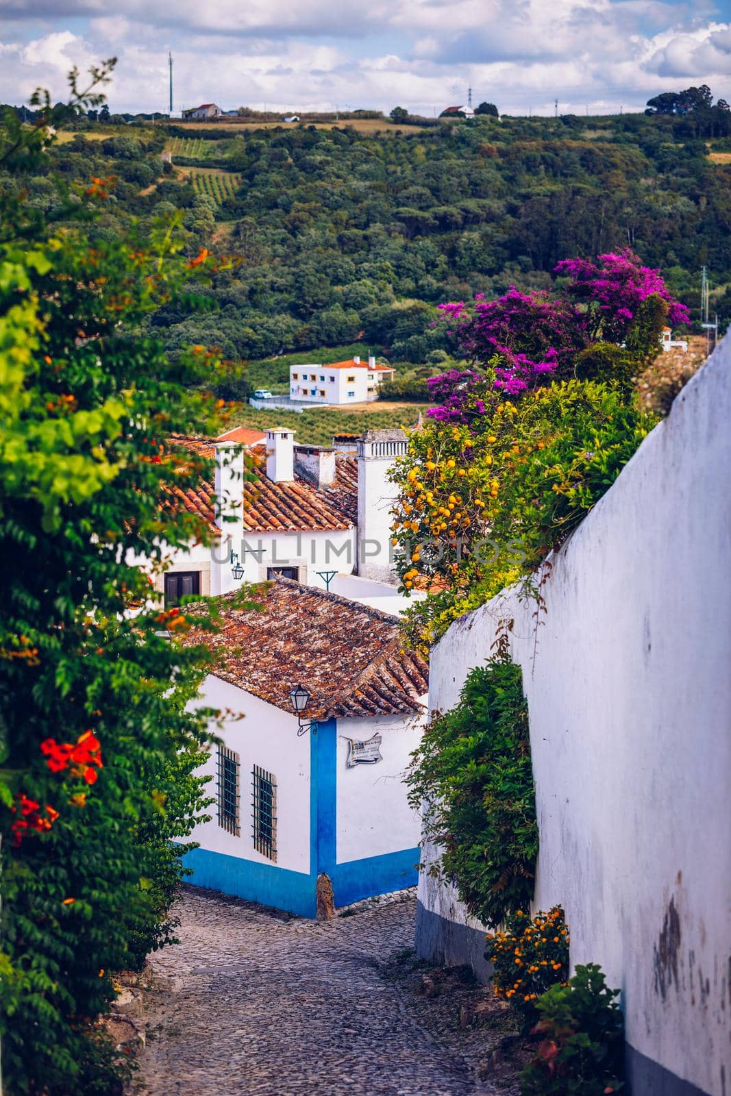 Historic walled town of Obidos, near Lisbon, Portugal. Beautiful streets of Obidos Medieval Town, Portugal. Street view of medieval fortress in Obidos. Portugal.