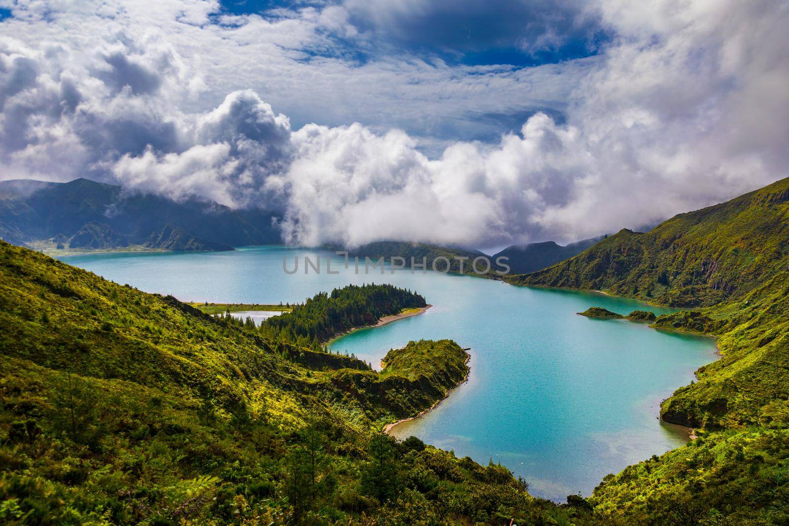Beautiful panoramic view of Lagoa do Fogo lake in Sao Miguel Island, Azores, Portugal. "Lagoa do Fogo" in São Miguel Island, Azores. Panoramic image of Lagoa do Fogo, Sao Miguel, Azores, Portugal.