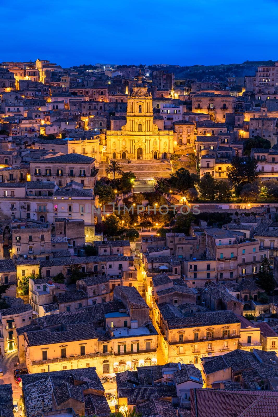 Duomo of San Giorgio in Modica, fine example of sicilian baroque art. Sicily, southern Italy. Modica (Ragusa Province), view of the baroque town. Sicily, Italy. 