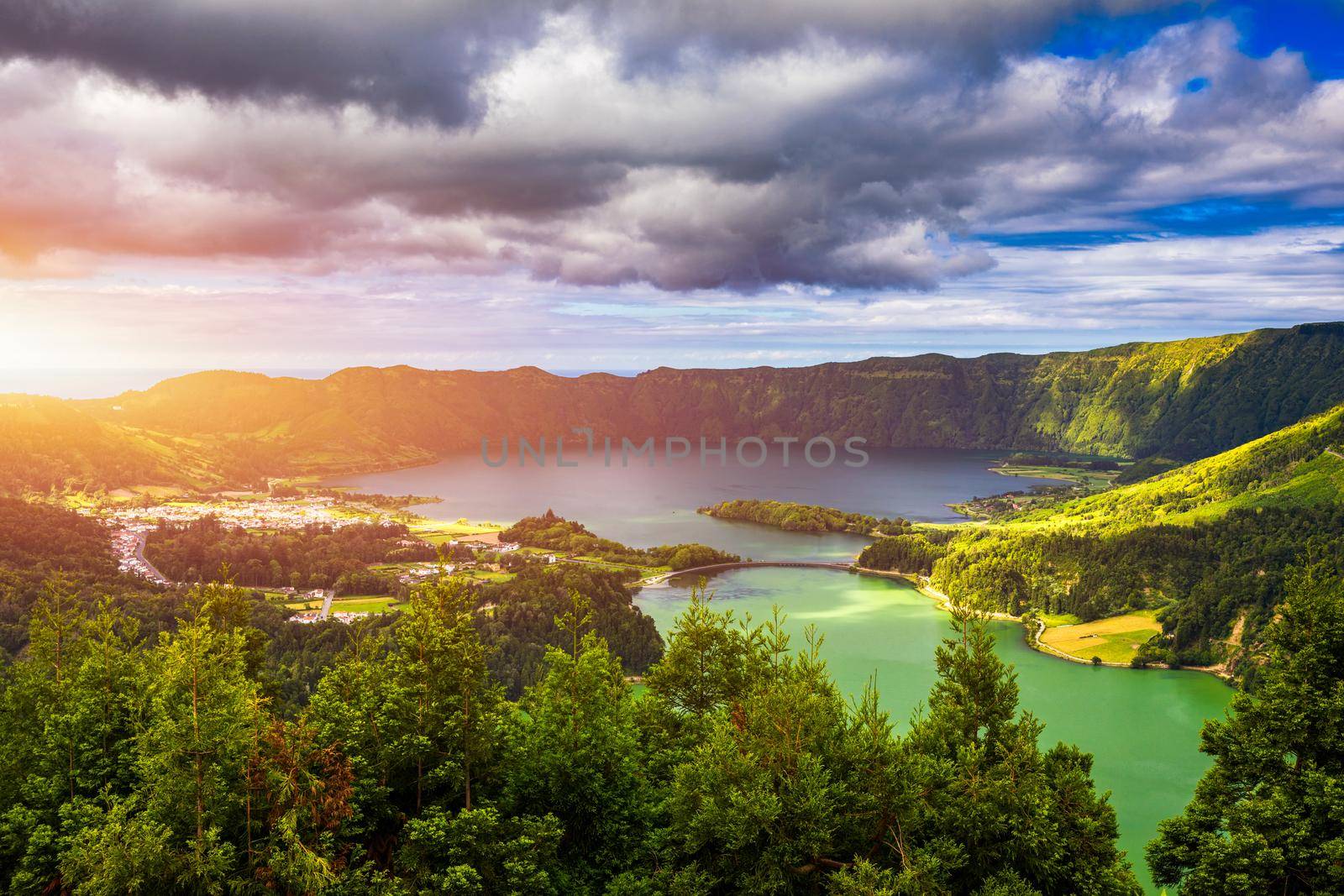 The Astonishing Lagoon Of The Seven Cities (Lagoa Das 7 Cidades), In Sao Miguel Azores, Portugal. Lagoon of the Seven Cities, Sao Miguel island, Azores. Ocean, aerial. Sao Miguel, Azores, Portugal.