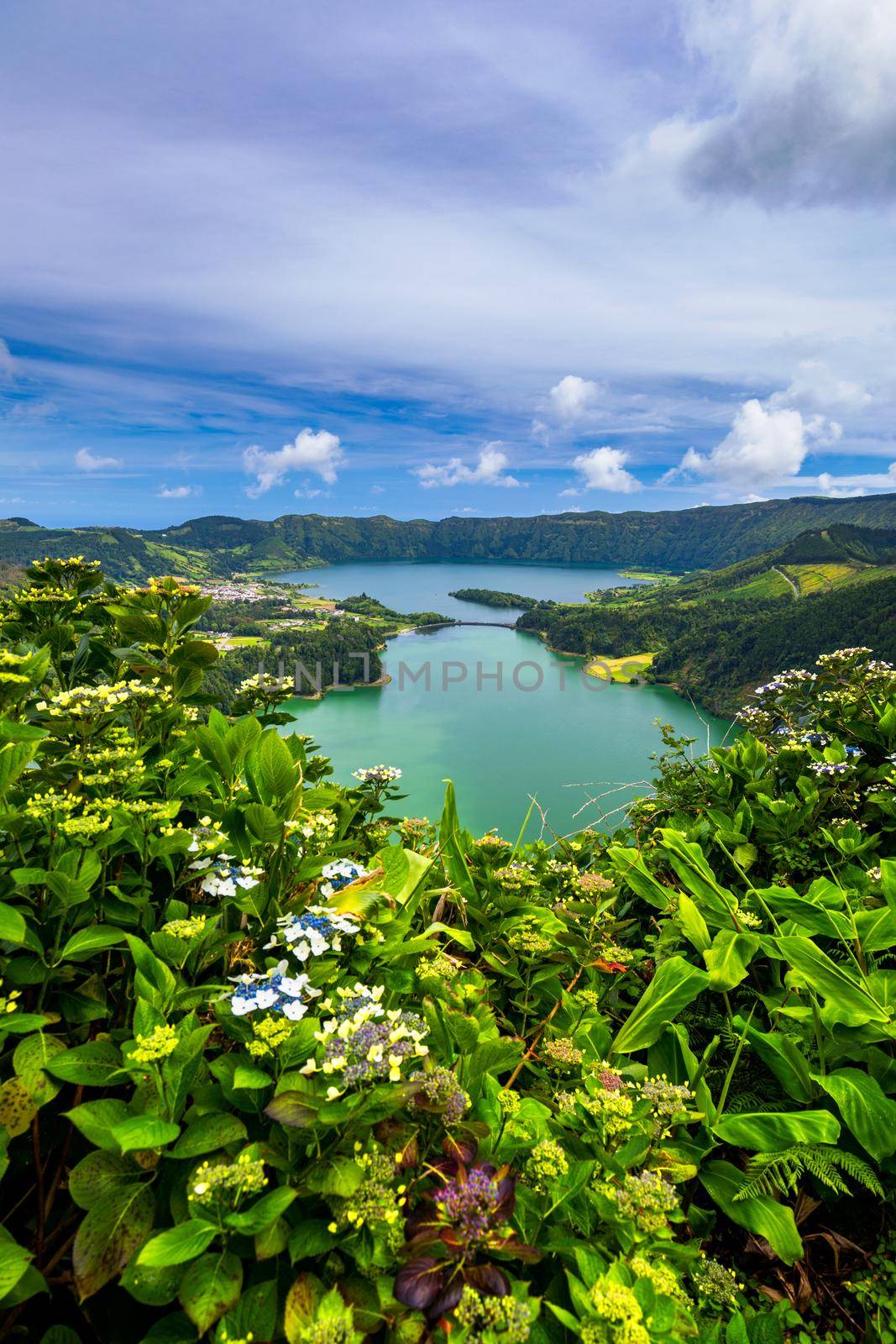 Beautiful view of Seven Cities Lake "Lagoa das Sete Cidades" from Vista do Rei viewpoint in São Miguel Island, Azores, Portugal. Lagoon of the Seven Cities, Sao Miguel island, Azores, Portugal.