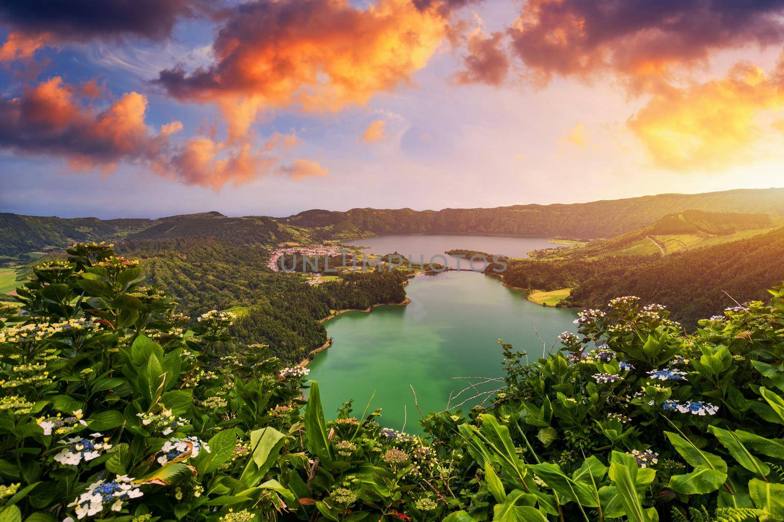 Beautiful view of Seven Cities Lake "Lagoa das Sete Cidades" from Vista do Rei viewpoint in São Miguel Island, Azores, Portugal. Lagoon of the Seven Cities, Sao Miguel island, Azores, Portugal.