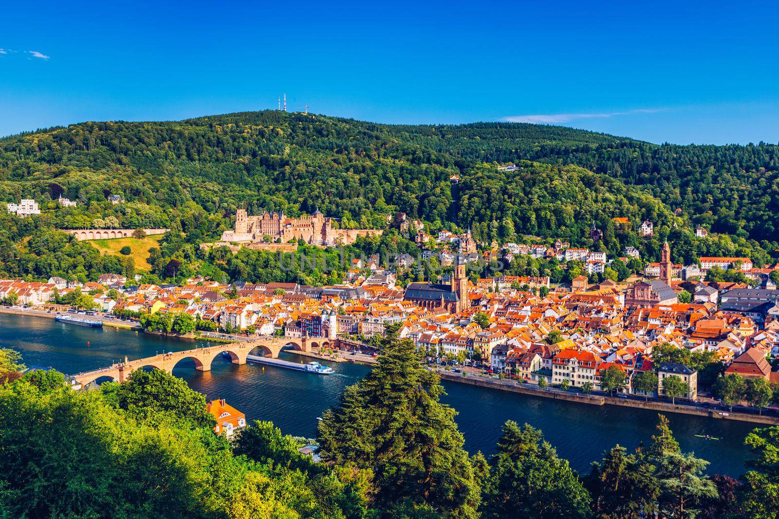 Heidelberg skyline aerial view from above. Heidelberg skyline aerial view of old town river and bridge, Germany. Aerial View of Heidelberg, Germany Old Town. Video of the aerial view of Heidelberg.