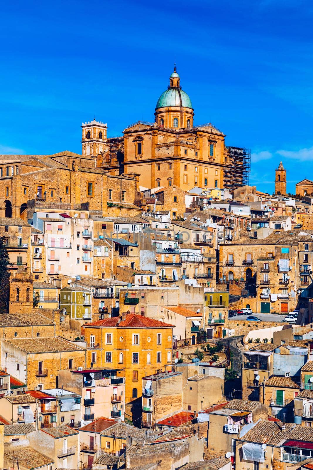 Piazza Armerina in the Enna province of Sicily in Italy. Piazza Armerina cityscape with the Cathedral SS. Assunta and old town, Sicily, Piazza Armerina, Province of Enna, Sicily, Italy, Europe.