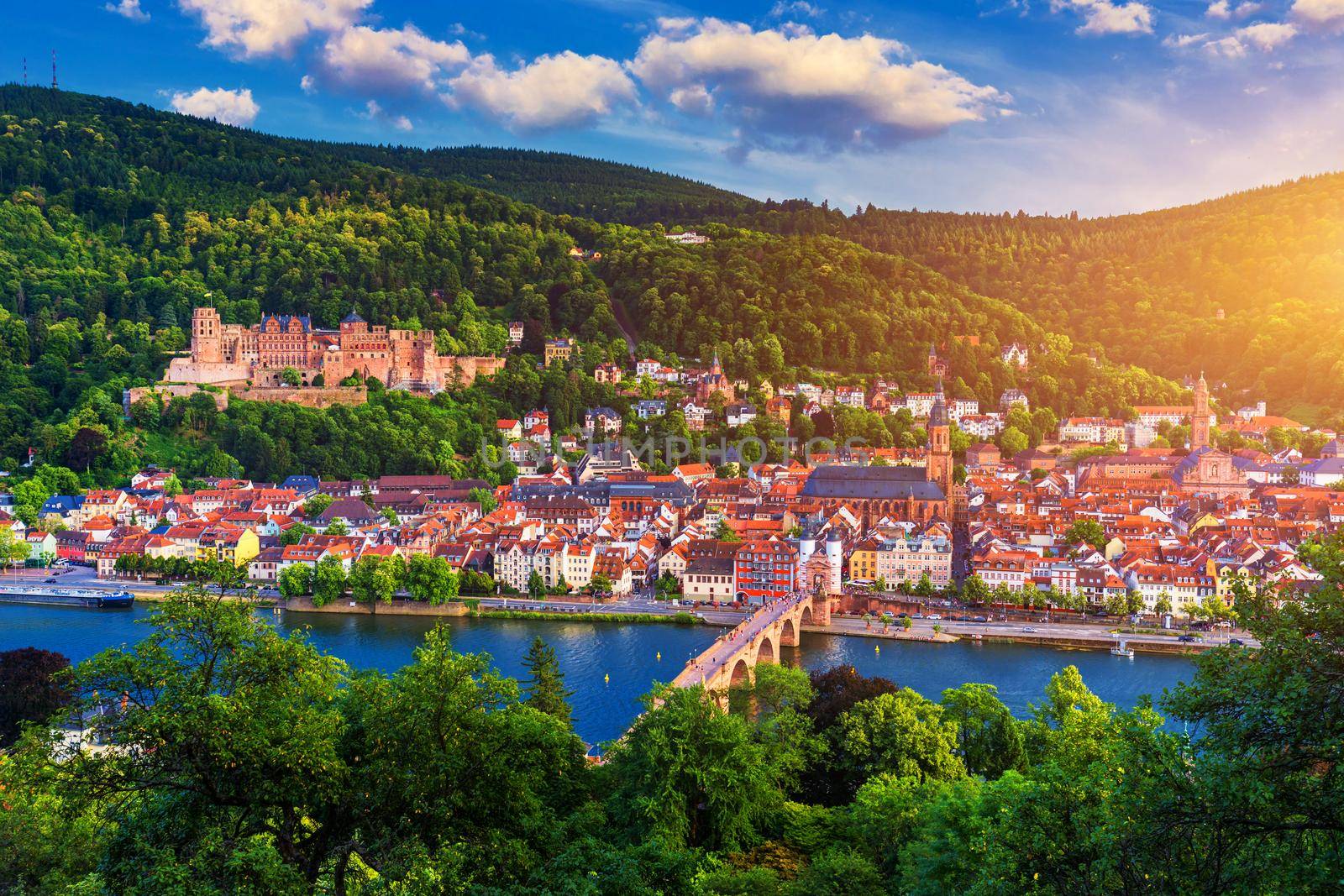 Heidelberg skyline aerial view from above. Heidelberg skyline aerial view of old town river and bridge, Germany. Aerial View of Heidelberg, Germany Old Town. Video of the aerial view of Heidelberg.