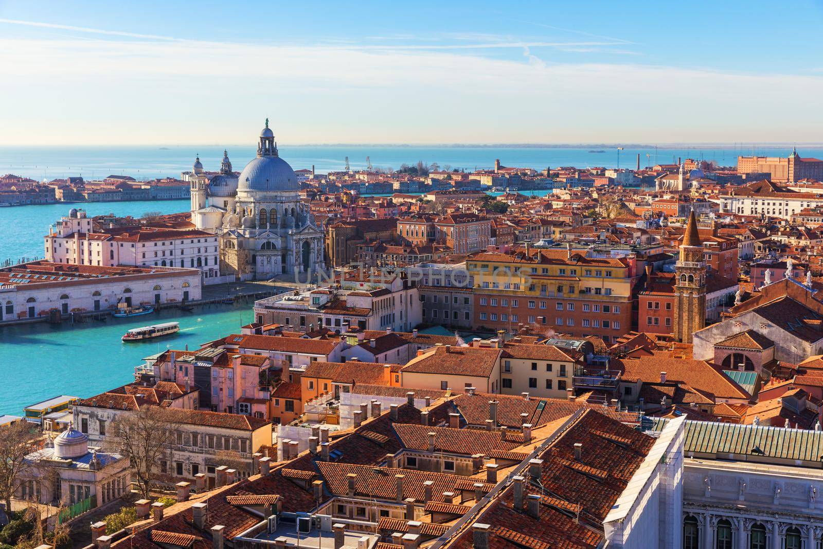 Aerial View of the Grand Canal and Basilica Santa Maria della Salute, Venice, Italy. Venice is a popular tourist destination of Europe. Venice, Italy.