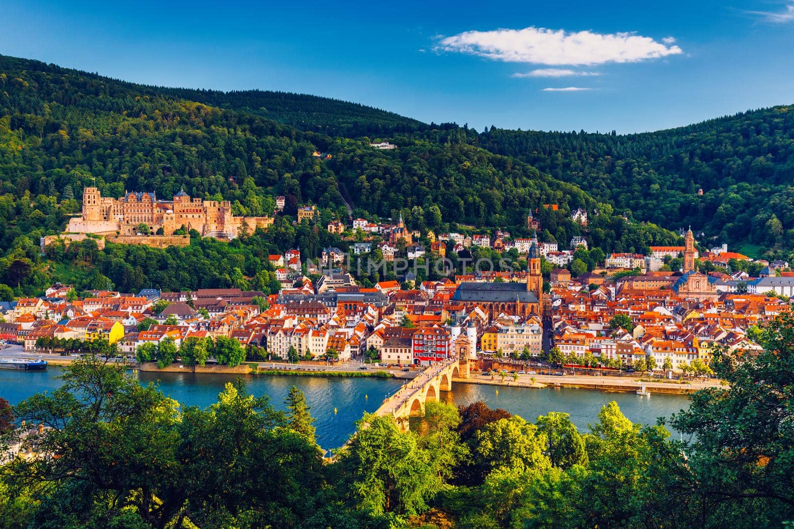 Landmark and beautiful Heidelberg town with Neckar river, Germany. Heidelberg town with the famous Karl Theodor old bridge and Heidelberg castle, Heidelberg, Germany. 