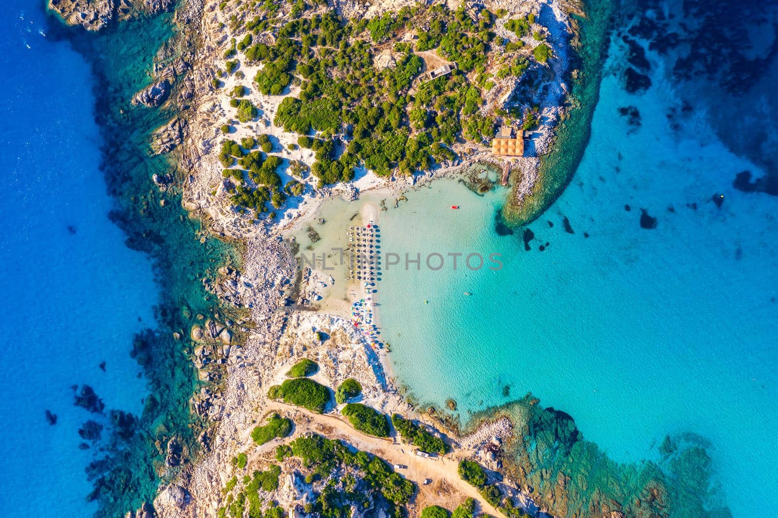 Cost of Sardinia: Peninsula of Punta Molentis. View of beautiful beach at Punta Molentis, Villasimius, Sardinia, Italy. Beautiful bay with sandy beach at Punta Molentis, Sardinia island, Italy.