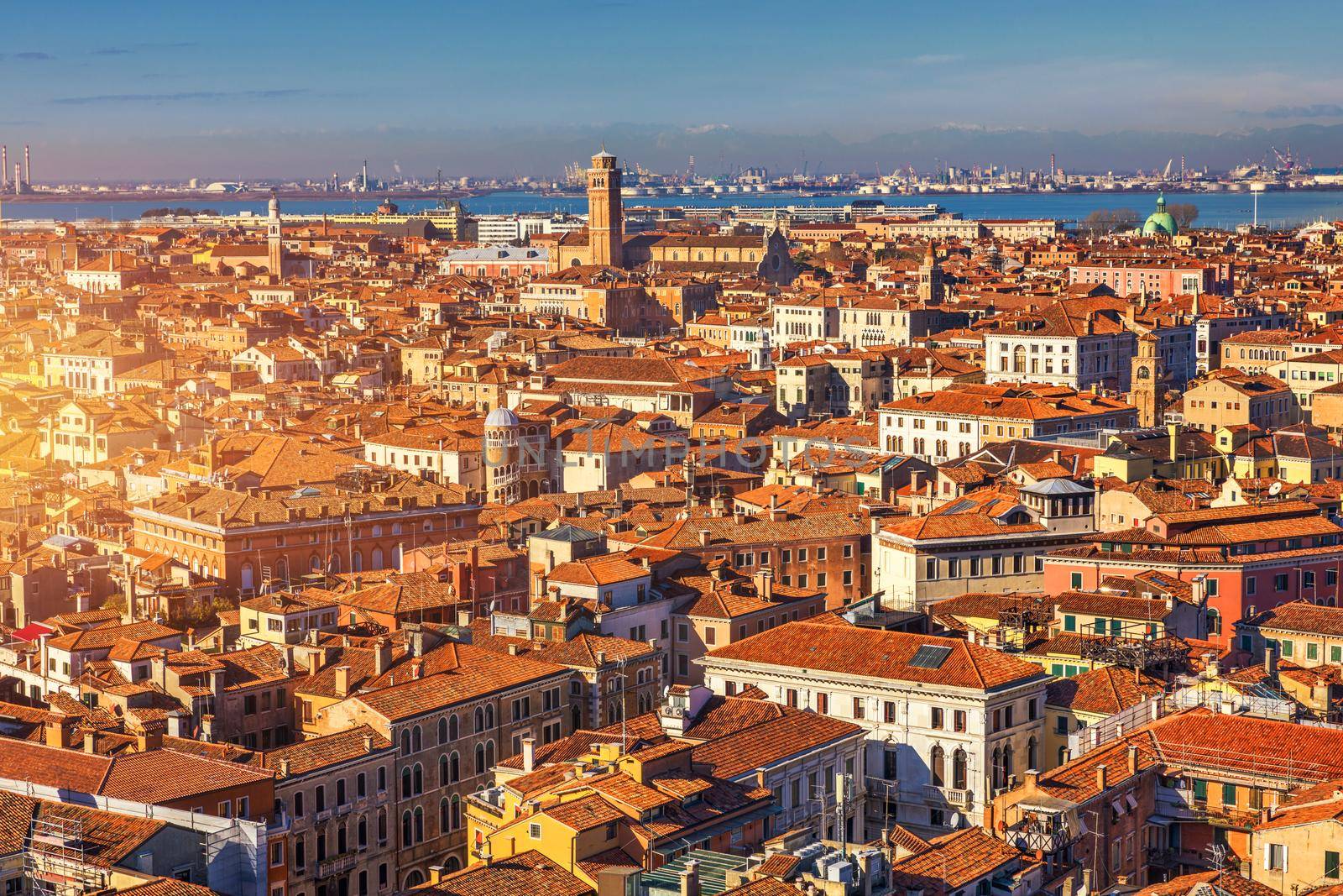 Venice panoramic aerial view with red roofs, Veneto, Italy. Aerial view with dense medieval red roofs of Venice, Italy 