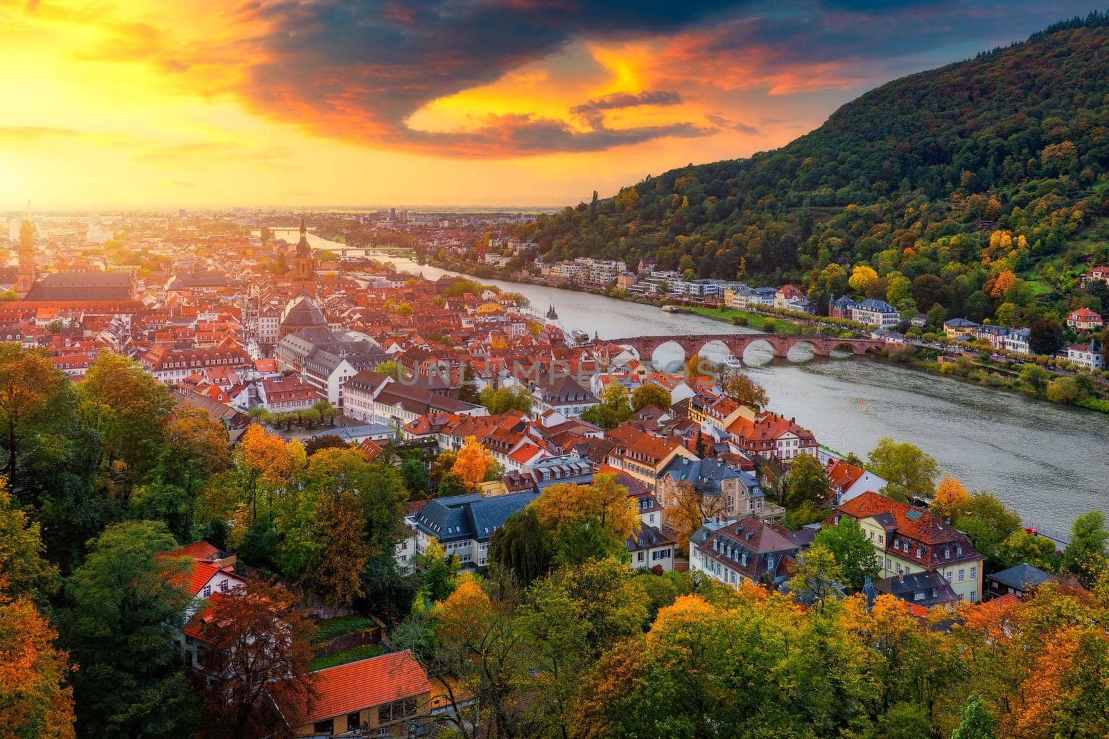Landmark and beautiful Heidelberg town with Neckar river, Germany. Heidelberg town with the famous Karl Theodor old bridge and Heidelberg castle, Heidelberg, Germany. 