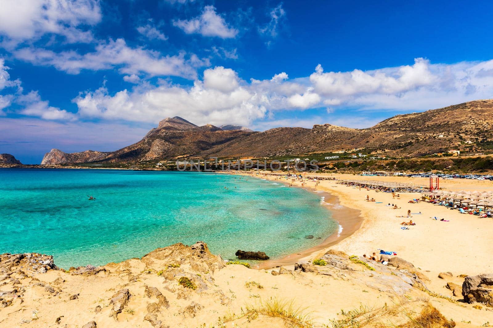 Shot of beautiful turquoise beach Falasarna (Falassarna) in Crete, Greece. View of famous paradise sandy deep turquoise beach of Falasarna (Phalasarna) in North West, Crete island, Greece.