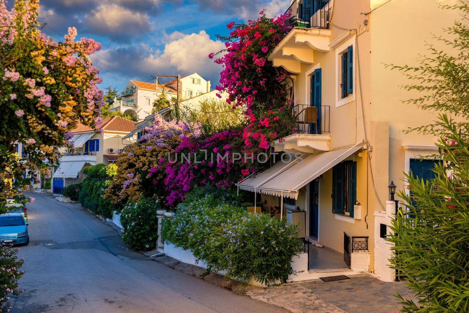 Fiskardo village, Kefalonia island, Greece. Fiscardo on the Island of Kefalonia in Greece. The holiday destination. Beautiful narrow streets in Fiskardo, Kefalonia, Greece