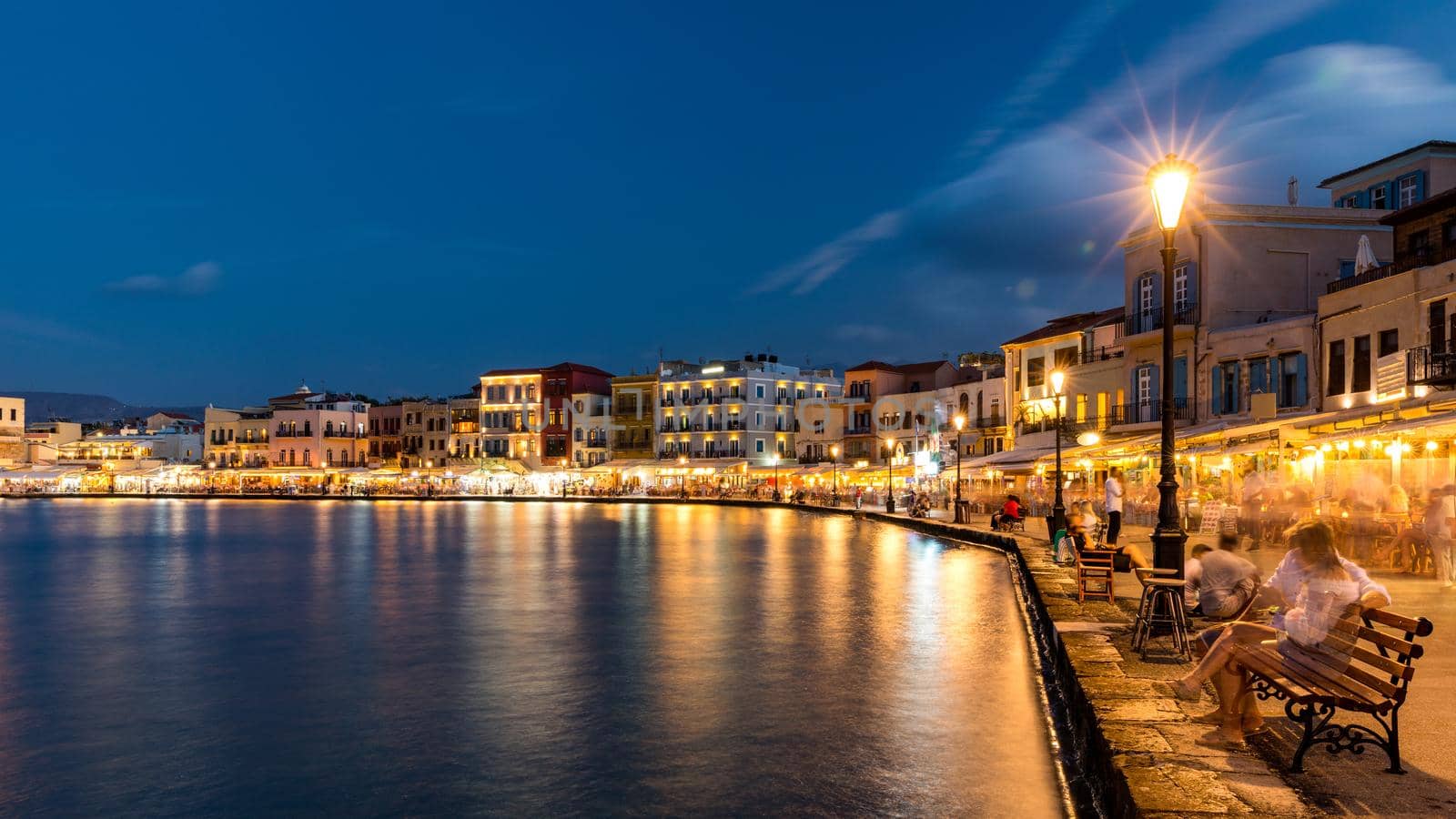 Picturesque old port of Chania. Landmarks of Crete island. Greece. Bay of Chania at night summer, Crete Greece. View of the old port of Chania, Crete, Greece. The port of chania, or Hania. 