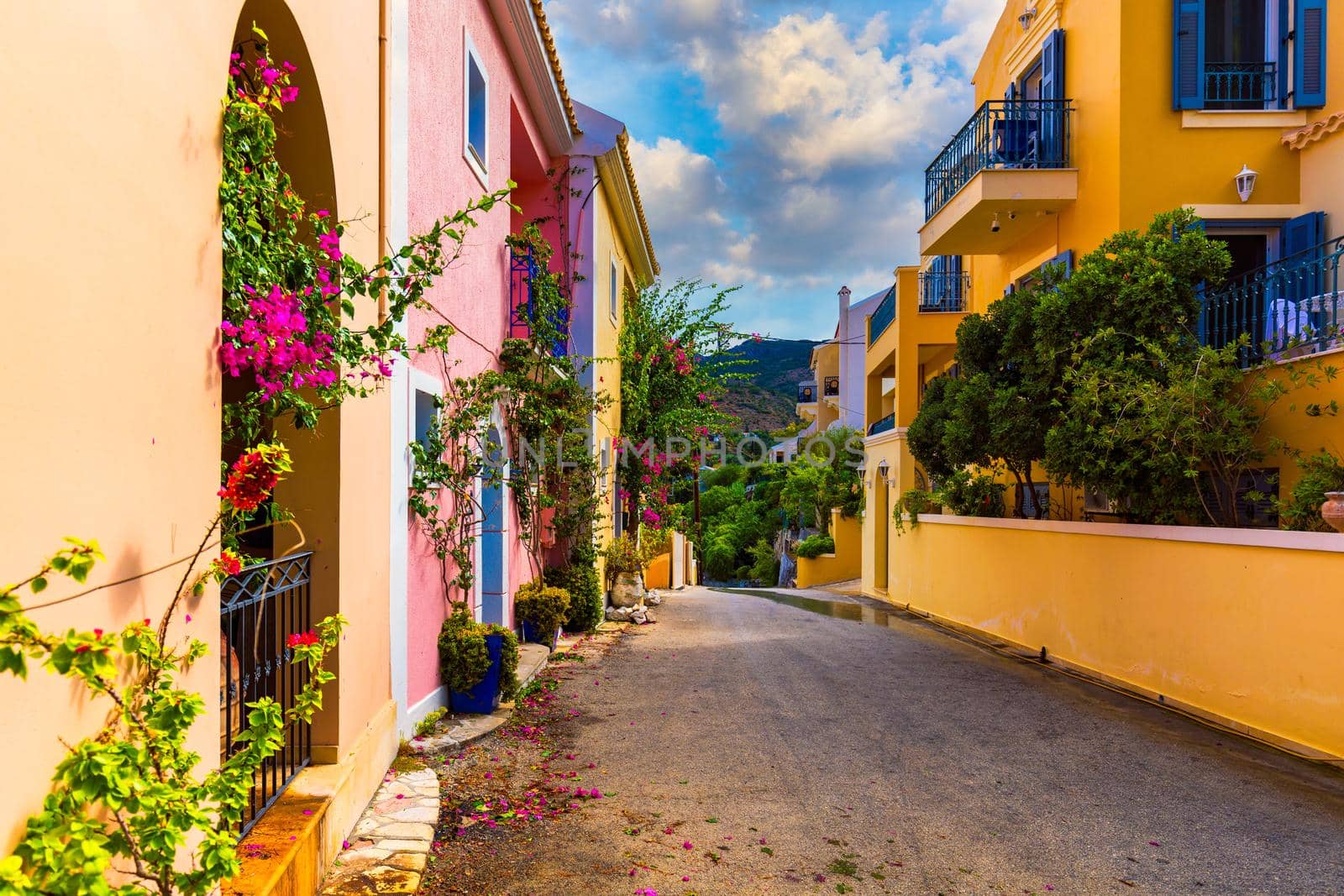 Traditional street with greek houses with flowers in Assos, Kefalonia island. Traditional colorful greek houses in Assos village. Blooming fuchsia plant flowers. Kefalonia island, Greece