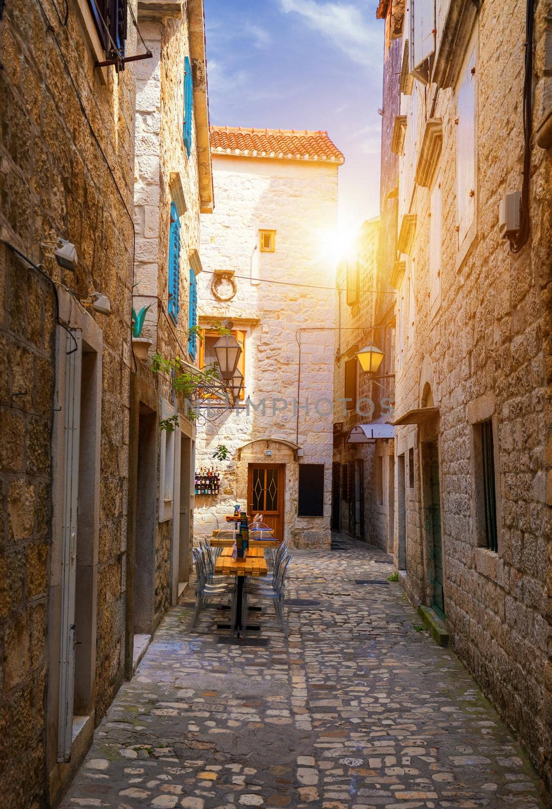 View at town Trogir, old touristic place in Croatia Europe. Trogir town coastal view. Magnificent Trogir, Croatia. Sunny old Venetian town, Dalmatian Coast in Croatia.