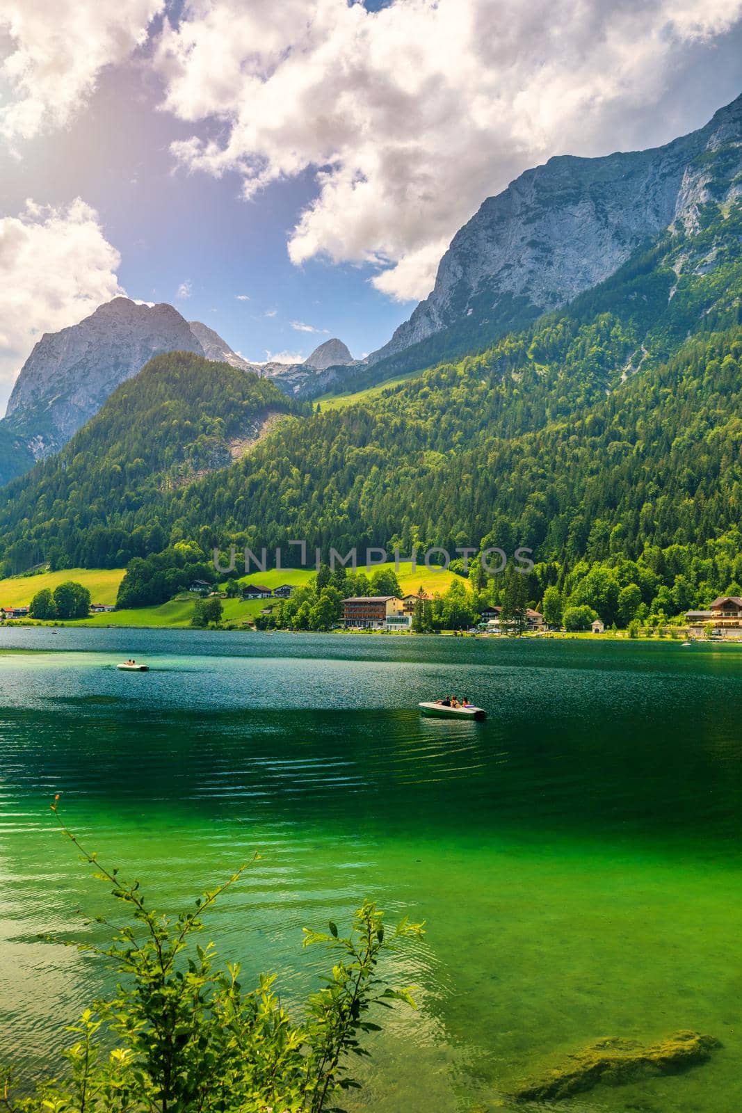 Hintersee lake beautiful scene of mountains and turquoise water of Hintersee lake. Location: resort Ramsau, National park Berchtesgadener Land, Upper Bavaria, Germany Alps, Europe