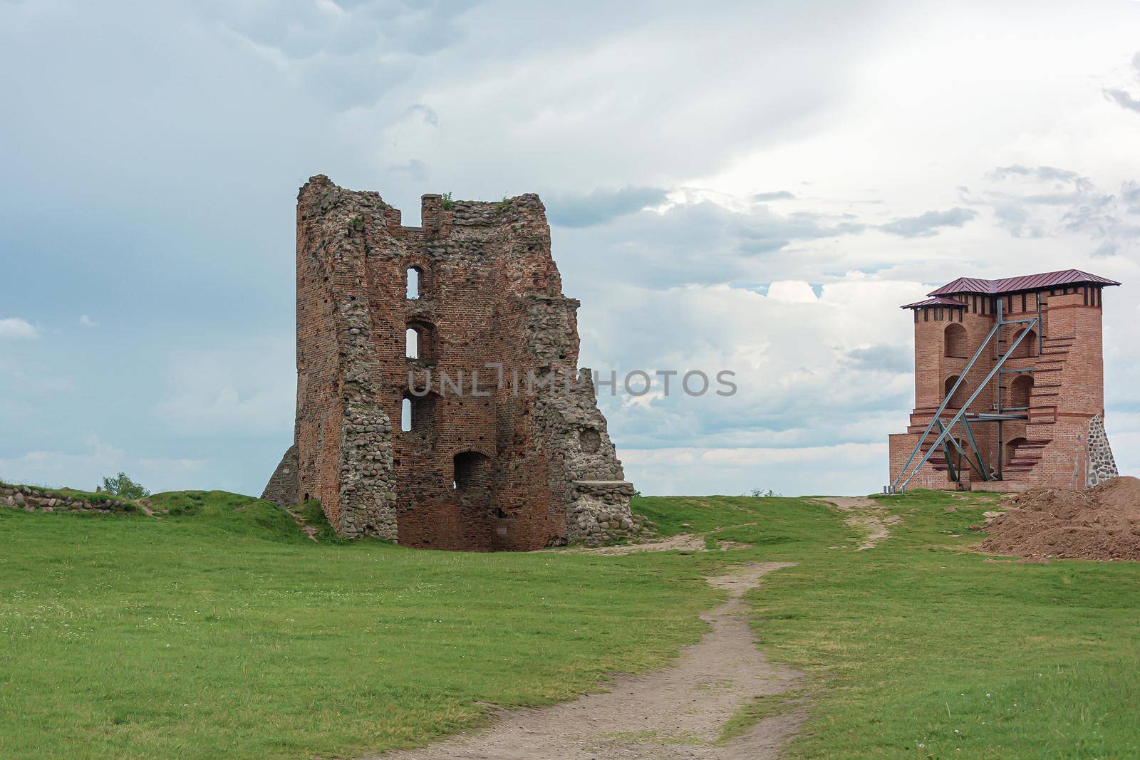 Remains of the ruins of an old fortress (Novogrudok, Belarus). Stock photography.