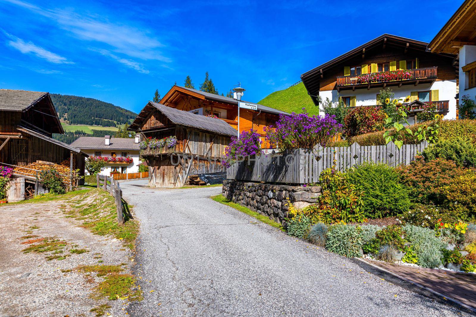 Street view of Santa Maddalena (Santa Magdalena) village, Val di Funes valley, Trentino Alto Adige region, South Tyrol, Italy, Europe. Santa Maddalena Village, Italy. 