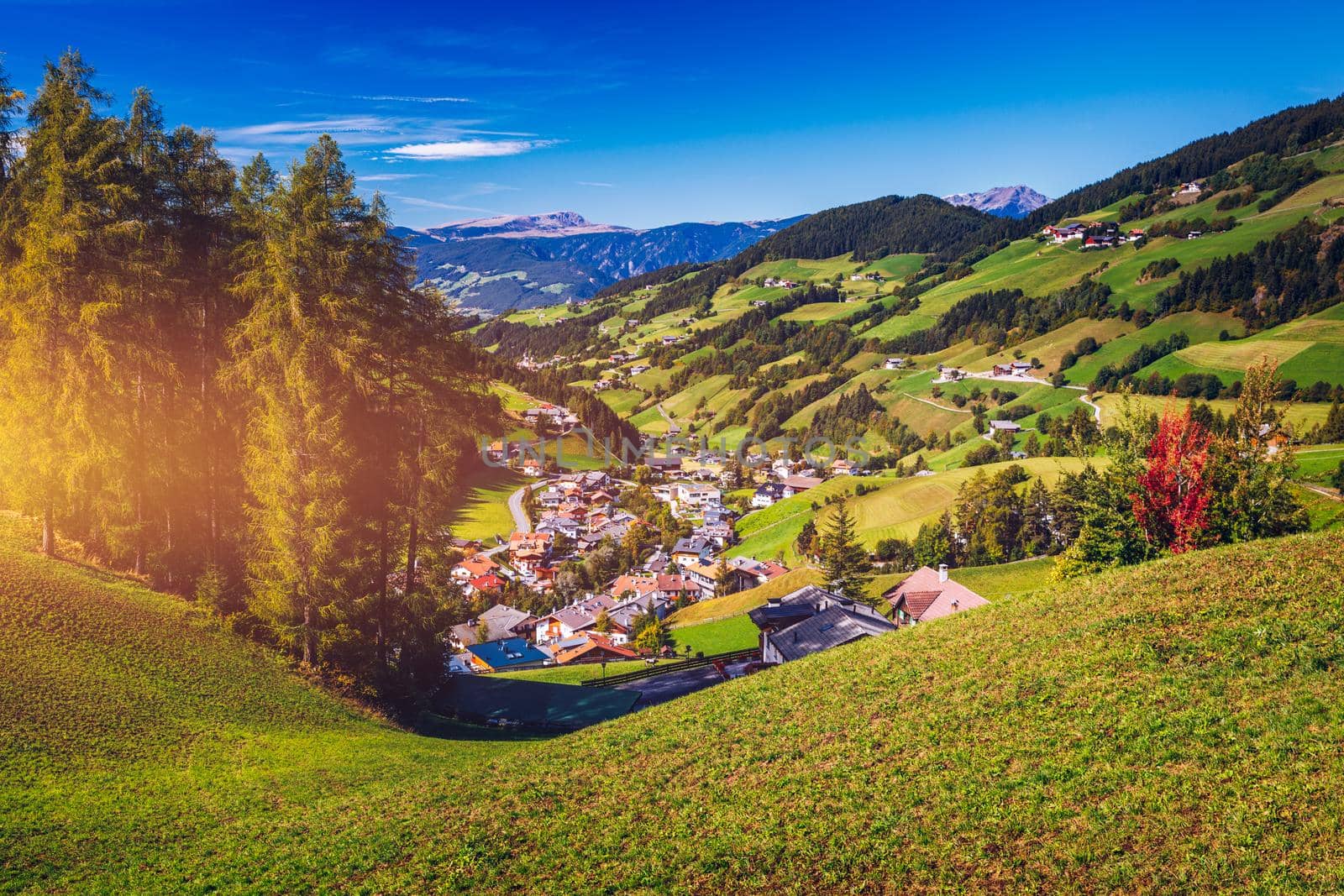 Santa Maddalena (Santa Magdalena) village with magical Dolomites mountains in background, Val di Funes valley, Trentino Alto Adige region, South Tyrol, Italy, Europe. Santa Maddalena Village, Italy. 