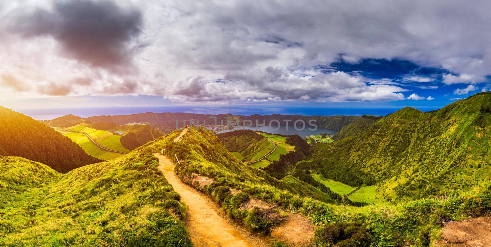 View of Sete Cidades near Miradouro da Grota do Inferno viewpoint, Sao Miguel Island, Azores, Portugal. Grota do Inferno viewpoint at Sete Cidades on Sao Miguel Island, Azores, Portugal.