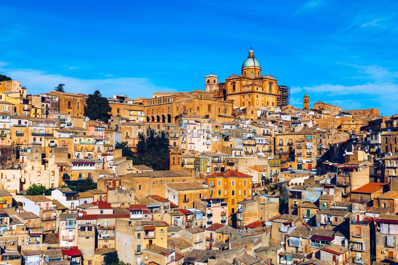 Piazza Armerina in the Enna province of Sicily in Italy. Piazza Armerina cityscape with the Cathedral SS. Assunta and old town, Sicily, Piazza Armerina, Province of Enna, Sicily, Italy, Europe.